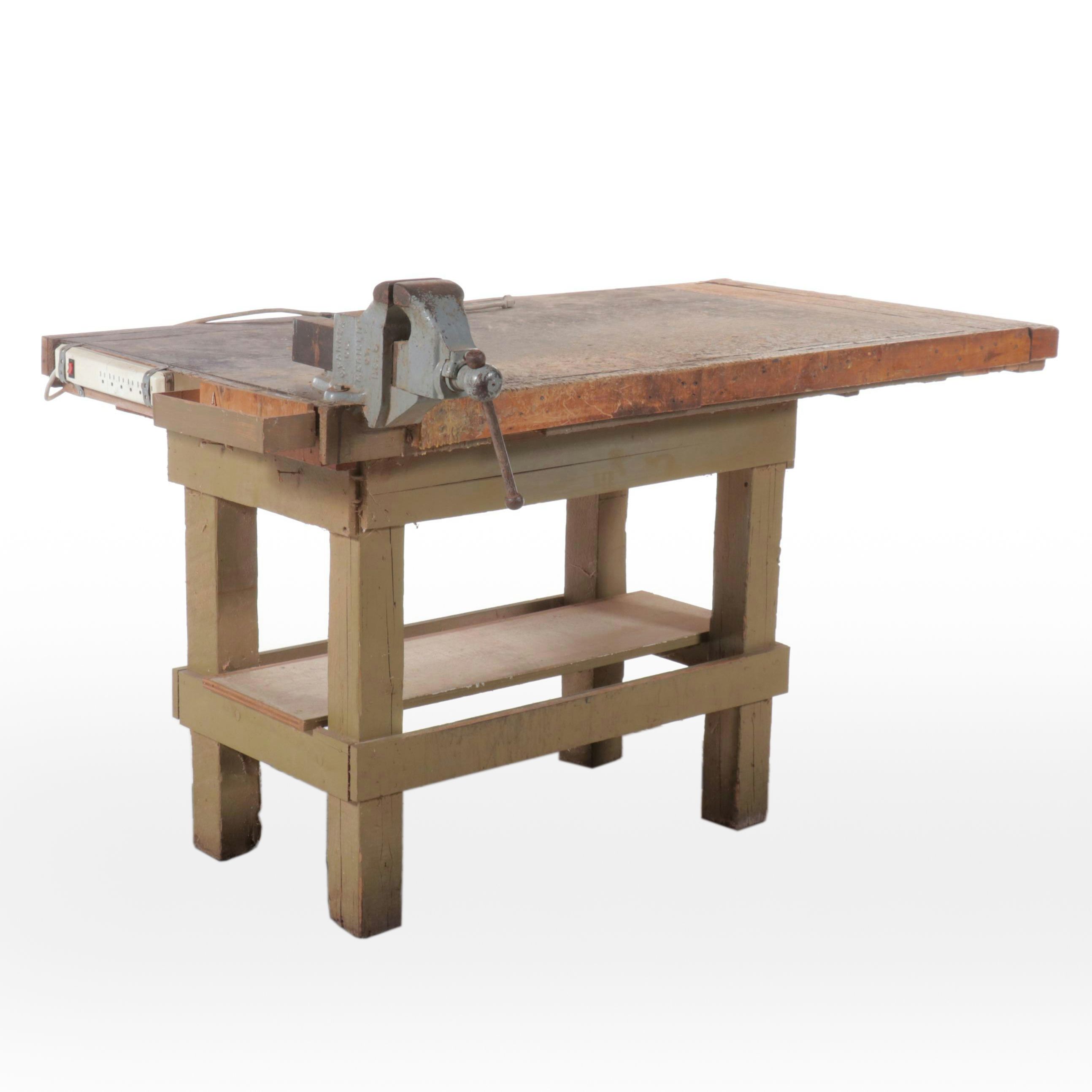 Vintage Wooden Work Table with O. Parker Co. Bench Vise