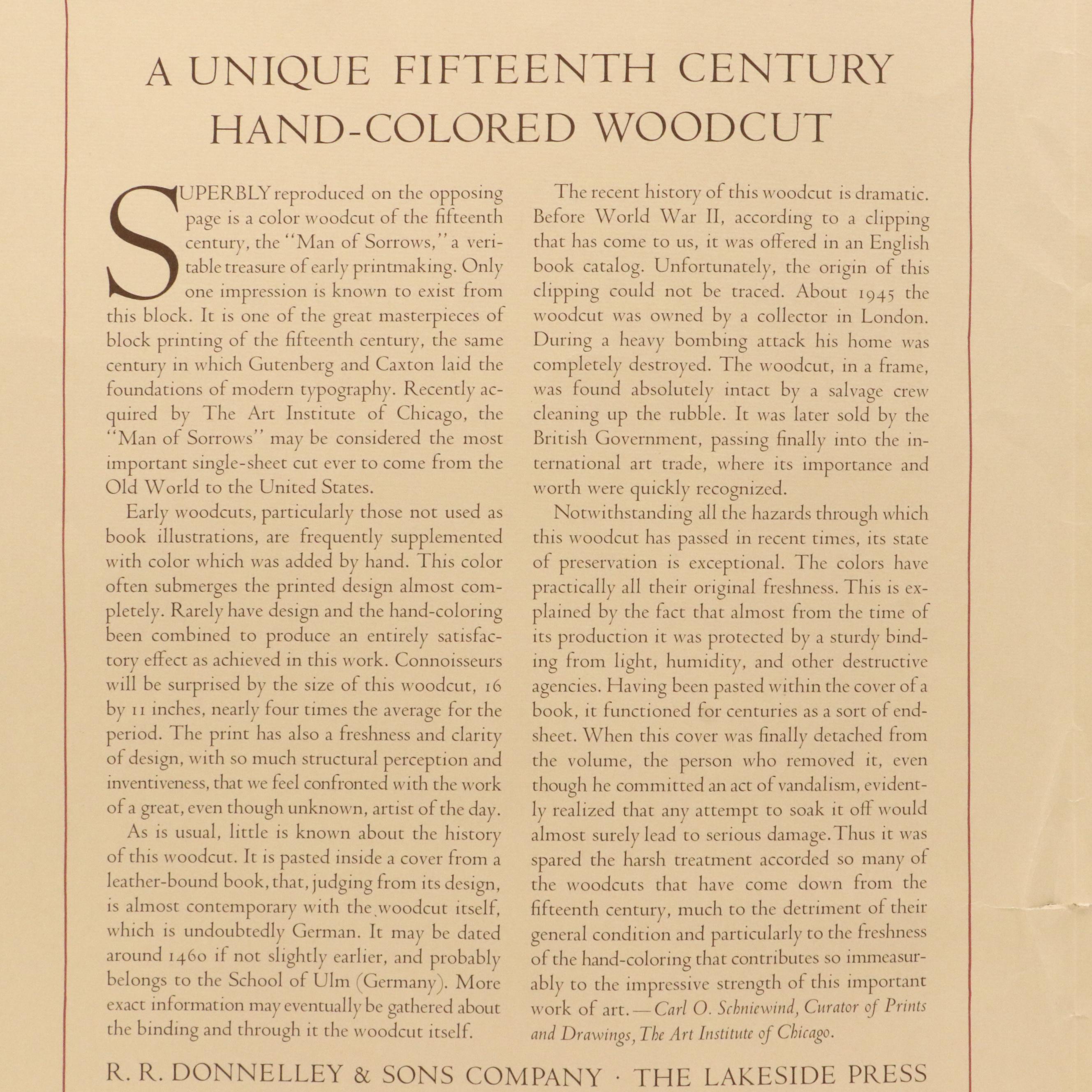 Reproduction Offset Lithograph of Medieval Woodcut "Man of Sorrows," Circa 1947