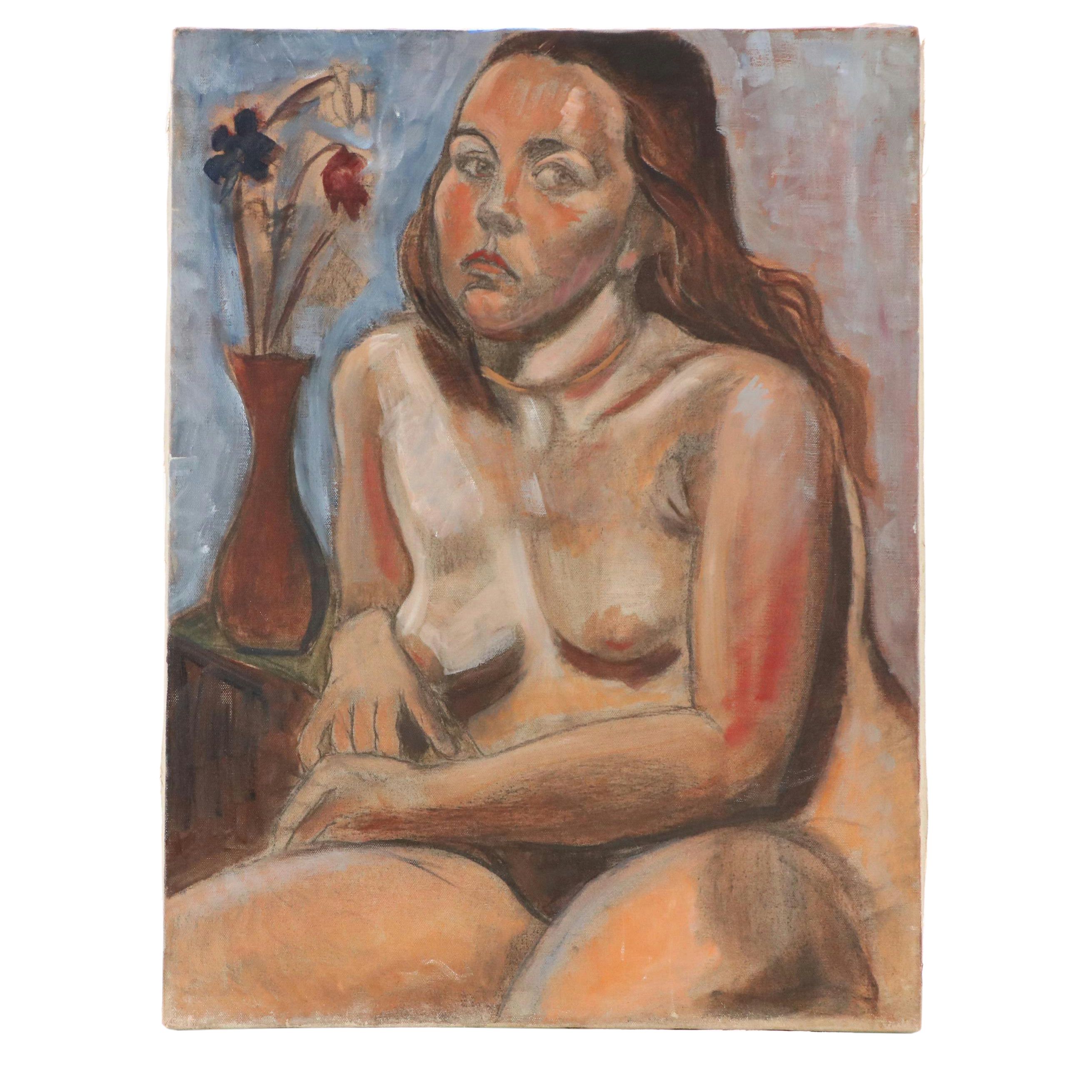 Nude Oil Painting with Charcoal of Woman and Vase of Flowers