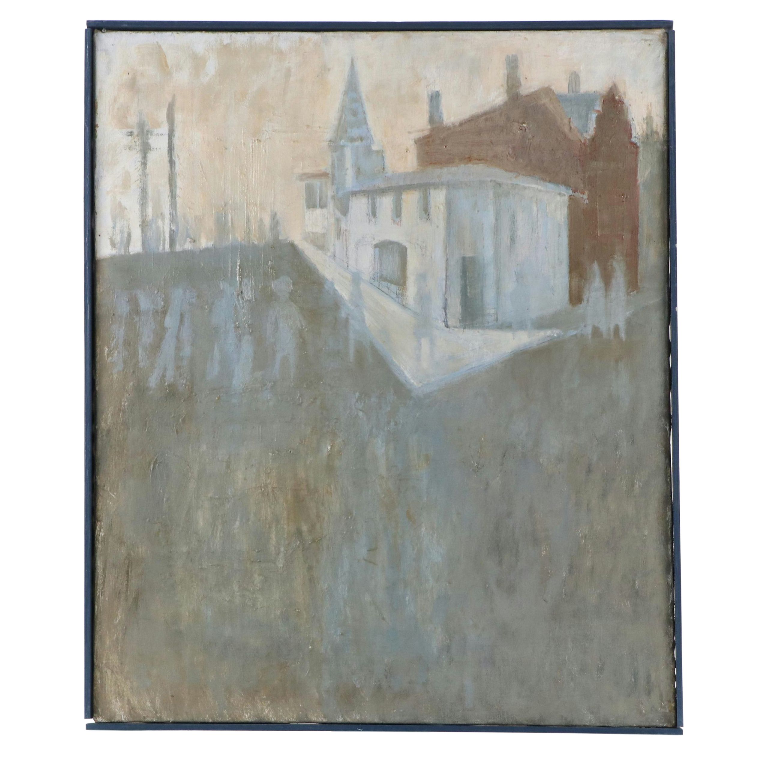 Carolyn R. Shine Oil Painting with Church and Figures, Mid-20th Century