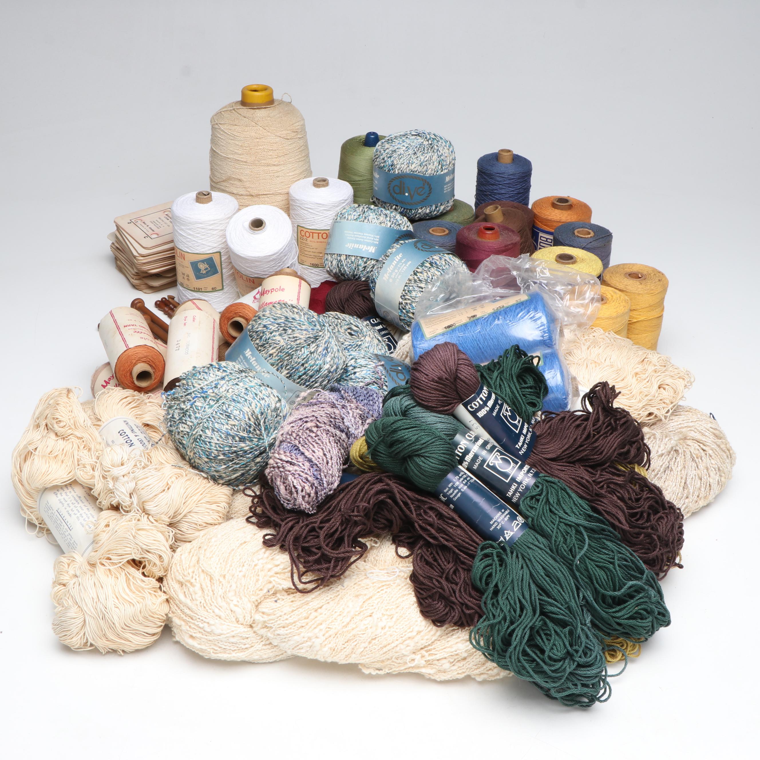 Dive, Thaki, Bucilla & Other Cotton Yarn with Wood Knitting Needles and Crochet