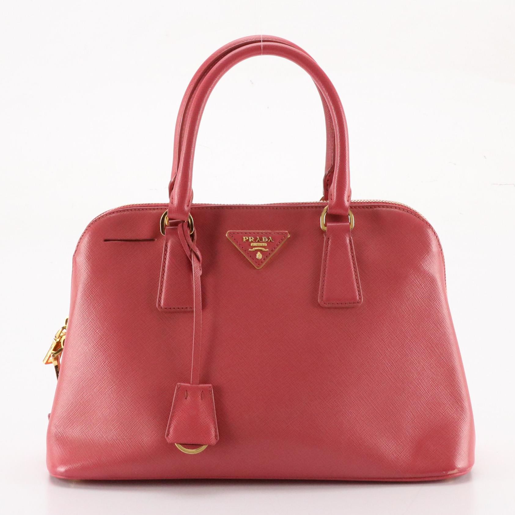 Prada Domed Two-Way Bag in Watermelon Pink Saffiano Leather