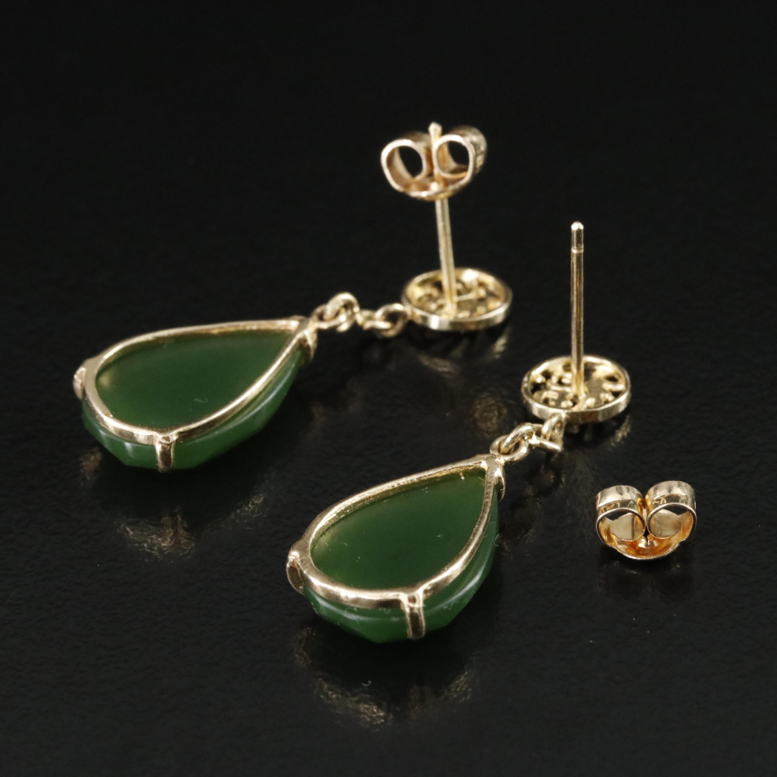 Chinese 10K Nephrite "Good Fortune" Pendant Earrings