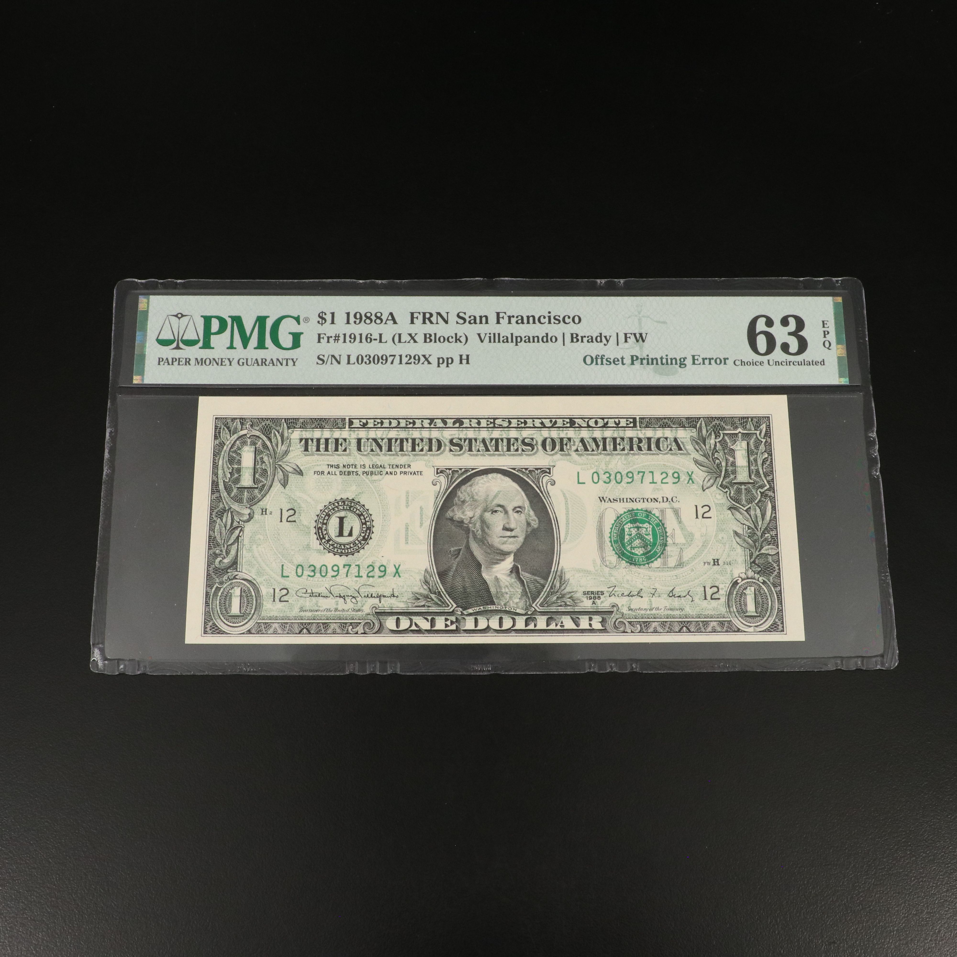 PMG MS 63 1988A One Dollar Federal Reserve Error Note