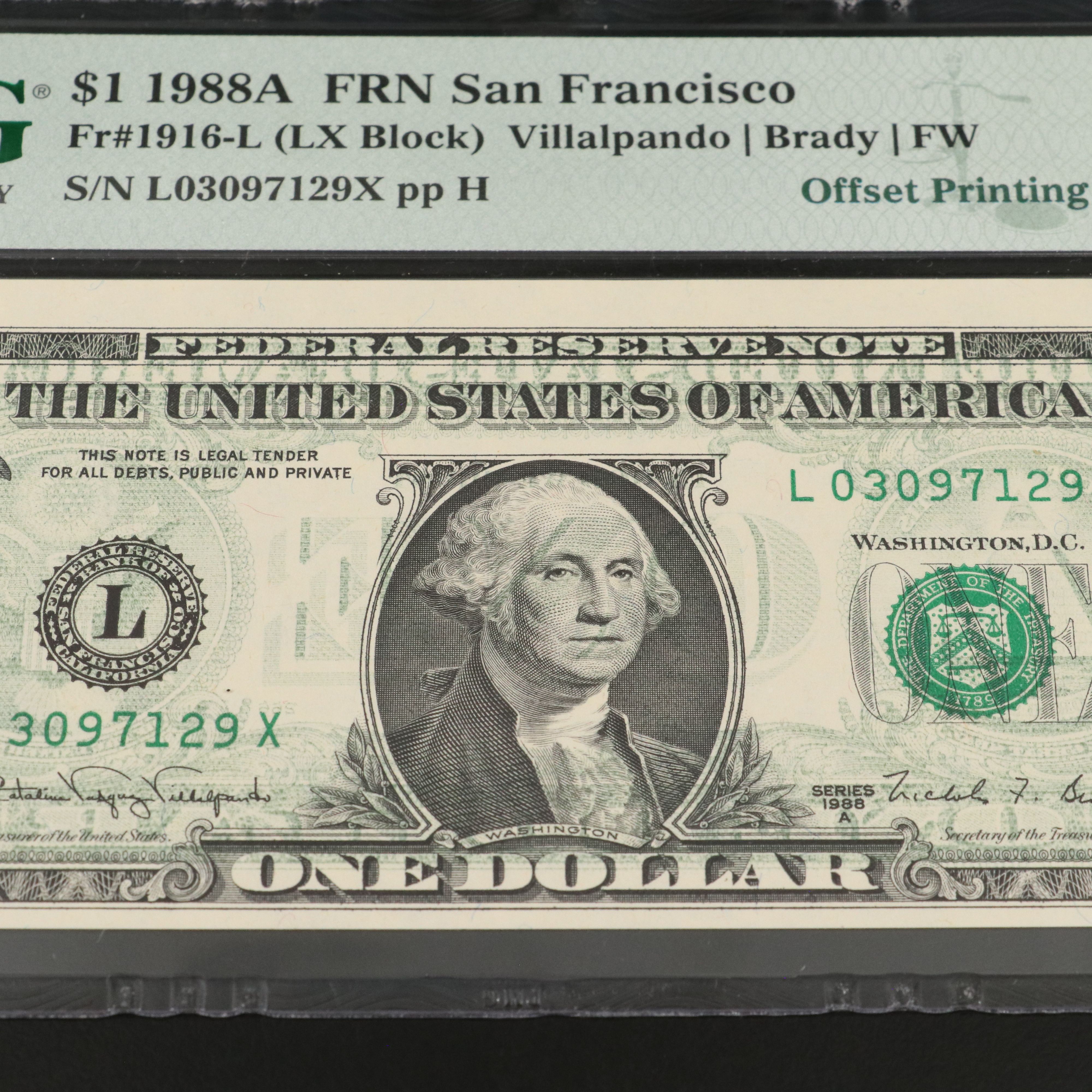 PMG MS 63 1988A One Dollar Federal Reserve Error Note