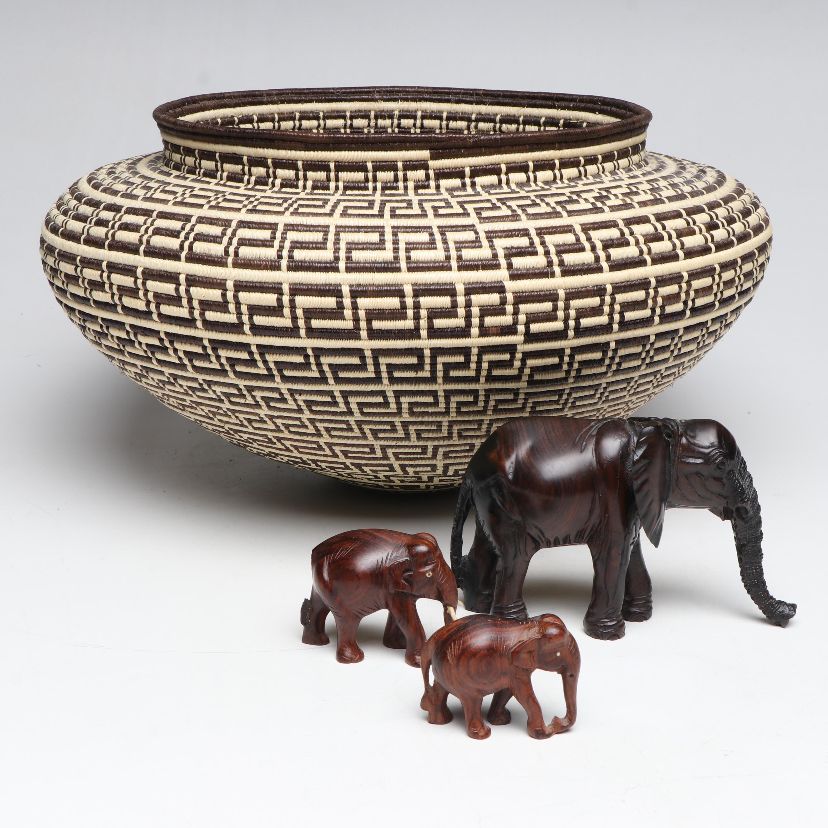 Panama Emberá Wounaan Handwoven Basket and Carved Wooden Elephants