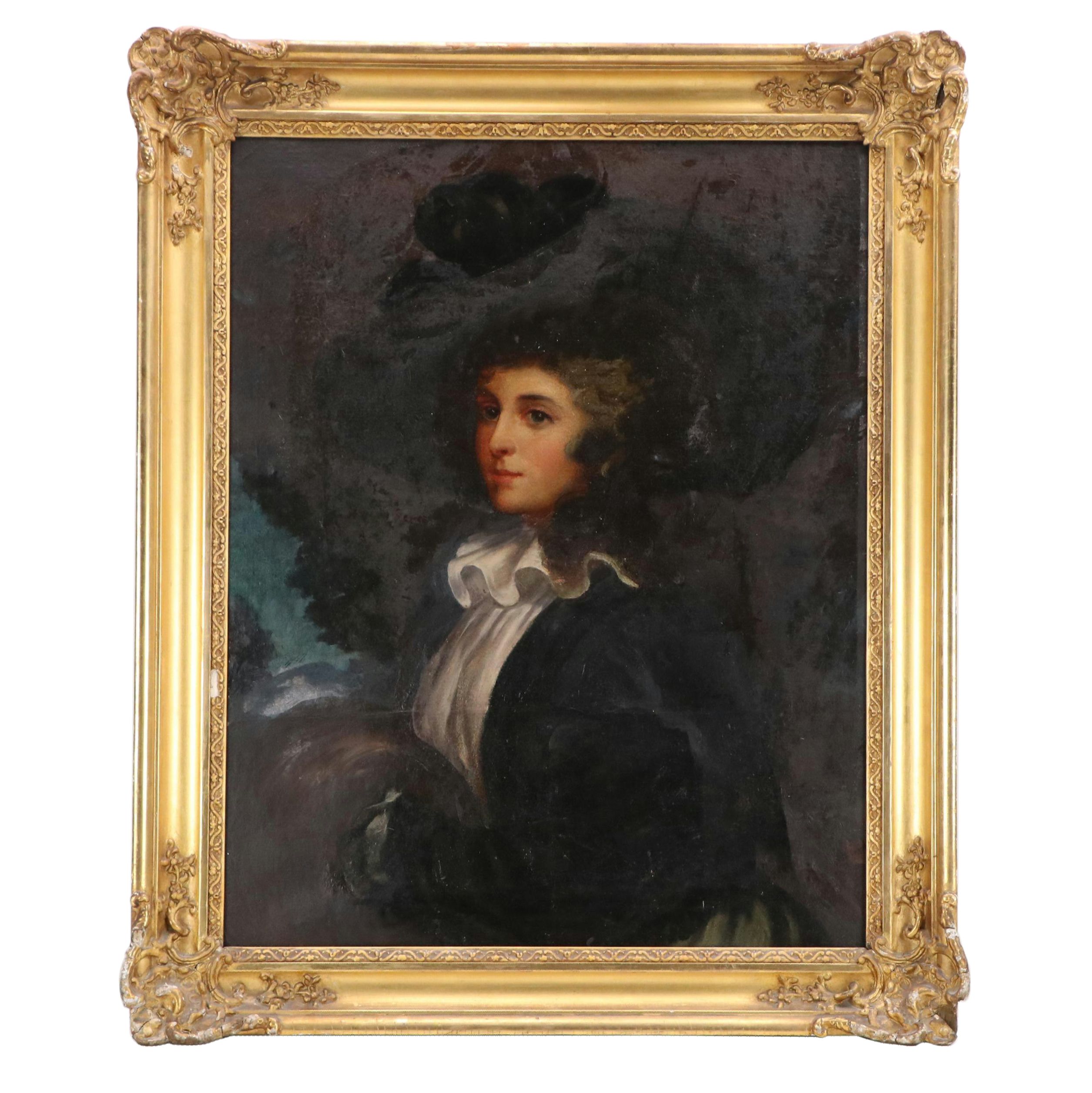 English School Oil Portrait of a Woman with a Muff, Circa 1785