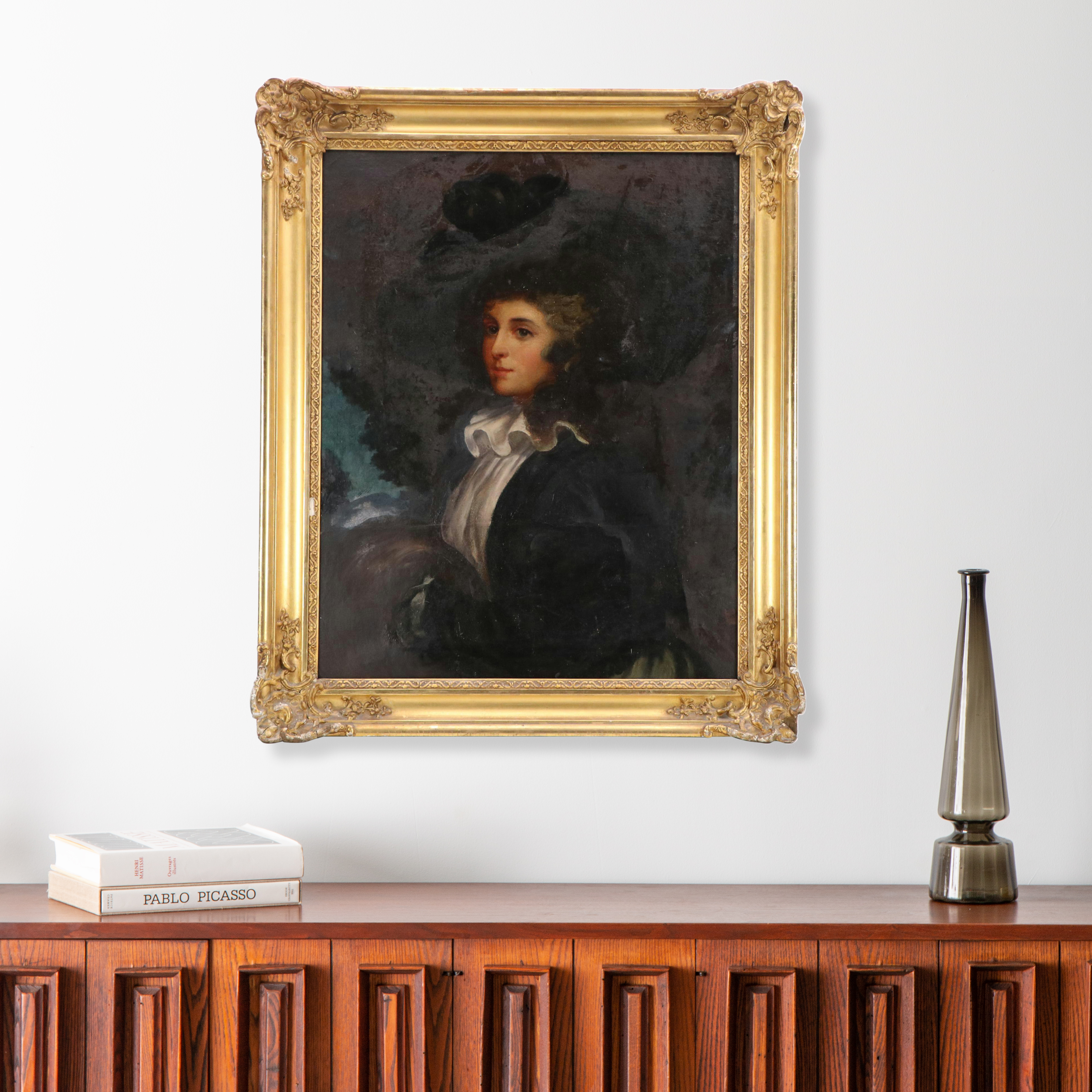 English School Oil Portrait of a Woman with a Muff, Circa 1785