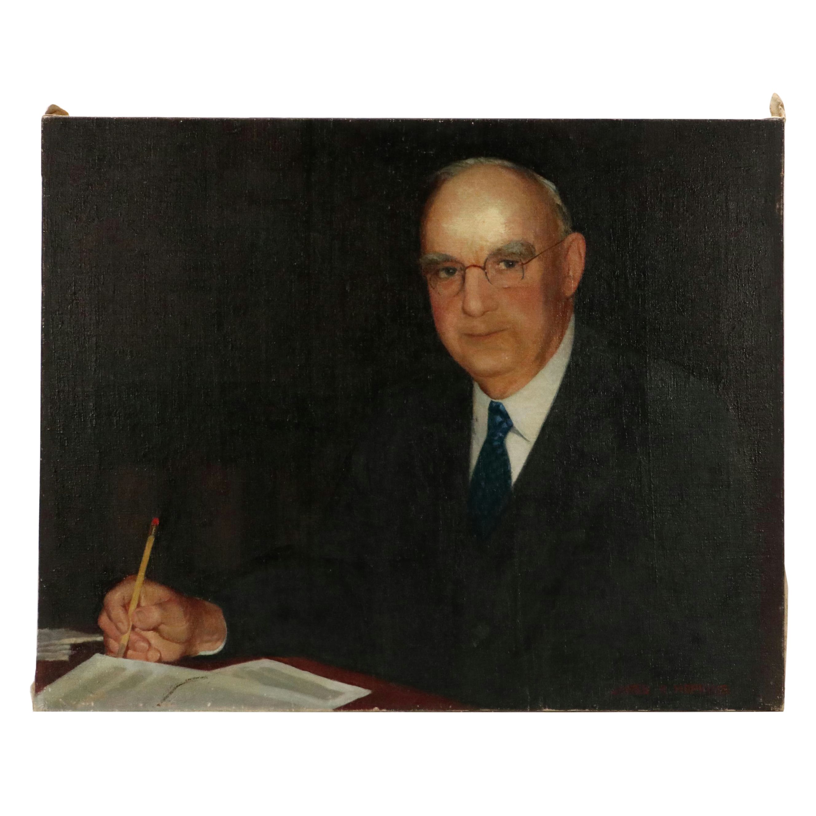 James R. Hopkins Oil Painting Portrait of Businessman with Pencil