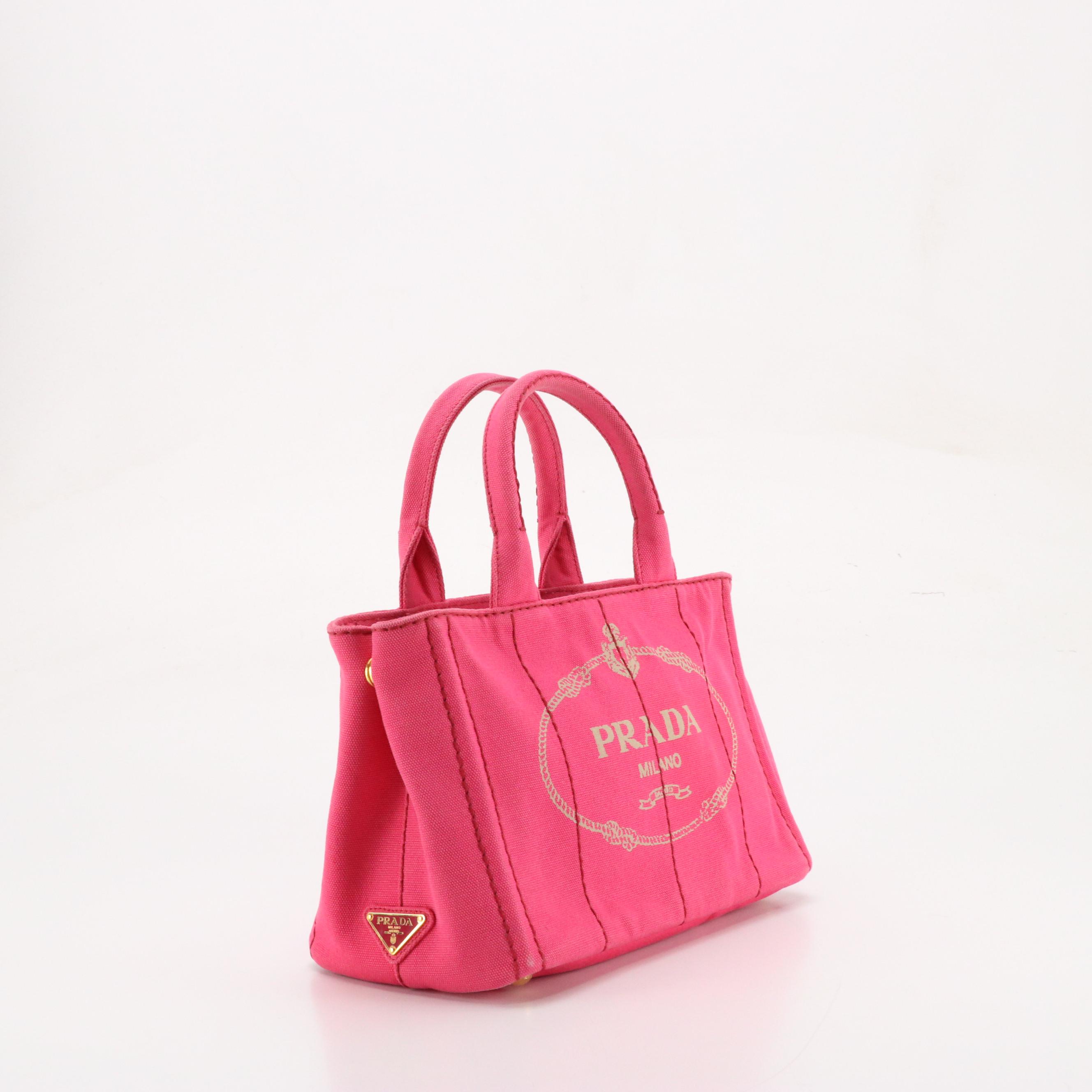 Prada Small Two-Way Tote in Pink Canapa Logo Canvas