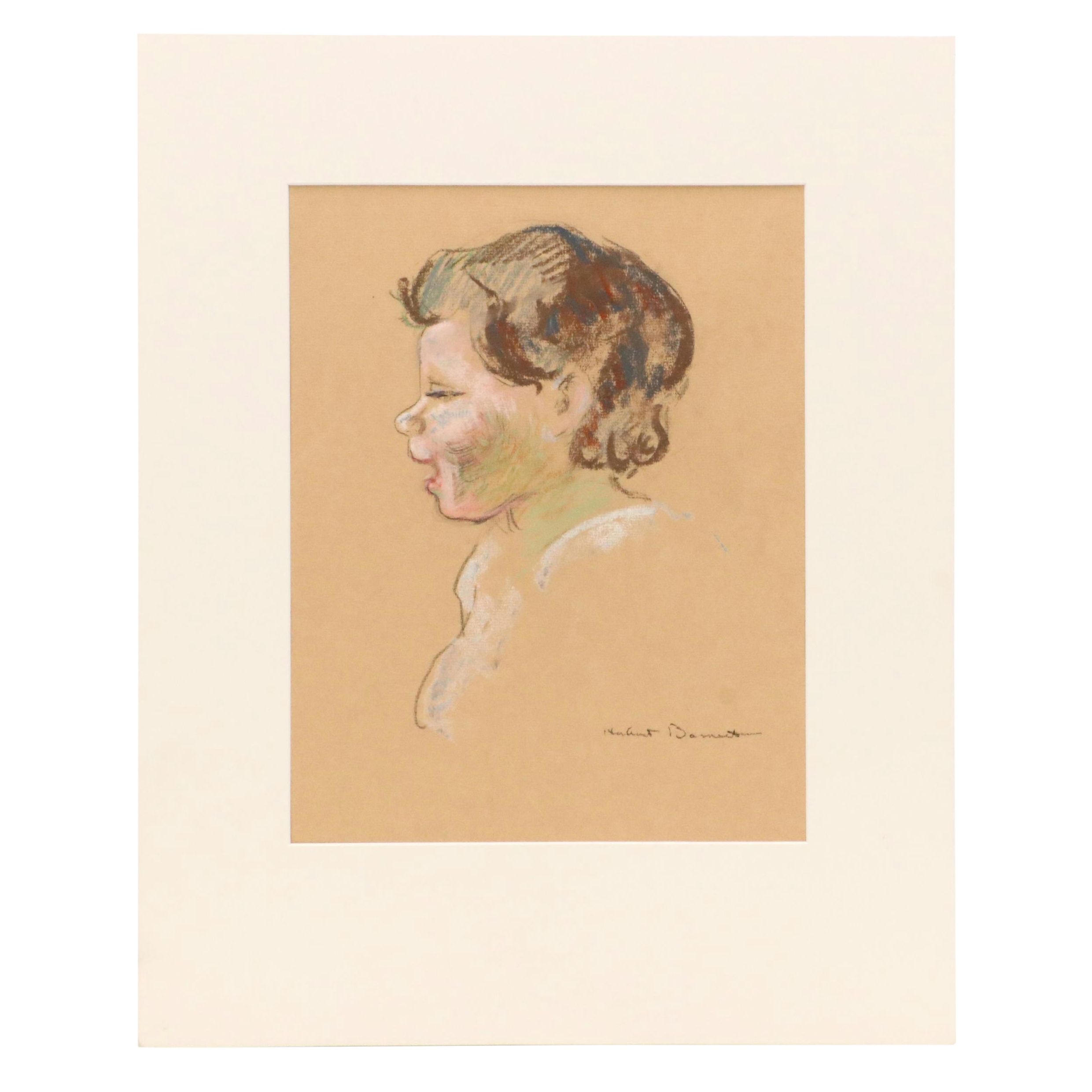 Herbert Barnett Chalk Pastel Portrait Drawing of Child in Profile