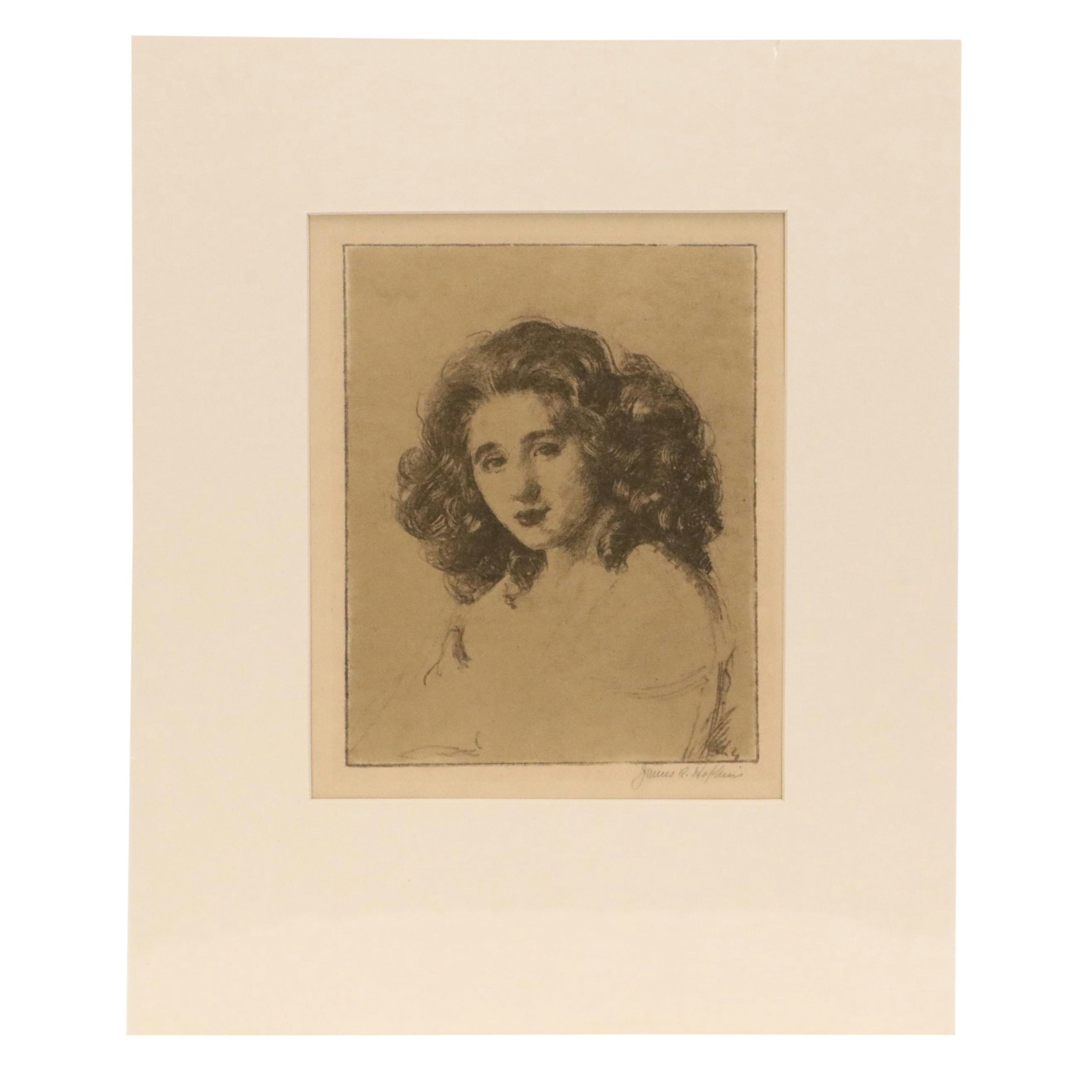James R. Hopkins Etching "Portrait of a Woman," Mid to Late 20th Century