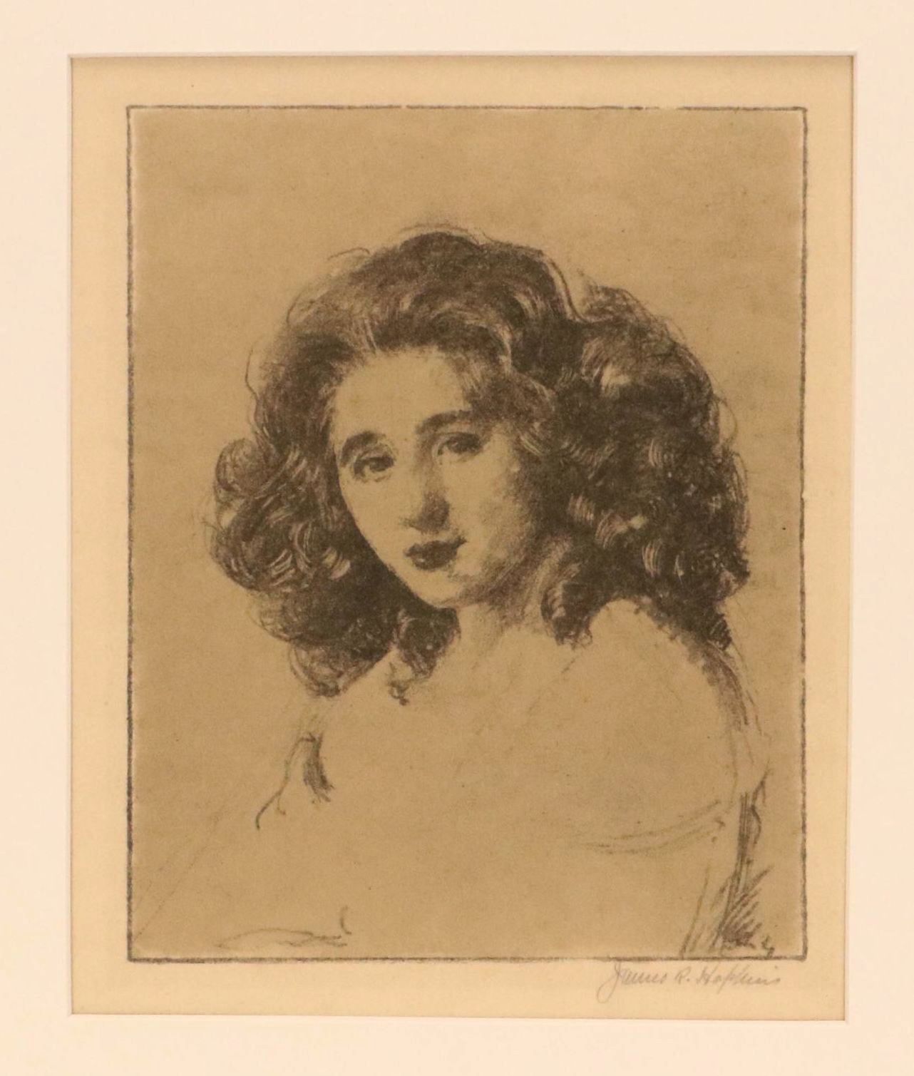 James R. Hopkins Etching "Portrait of a Woman," Mid to Late 20th Century