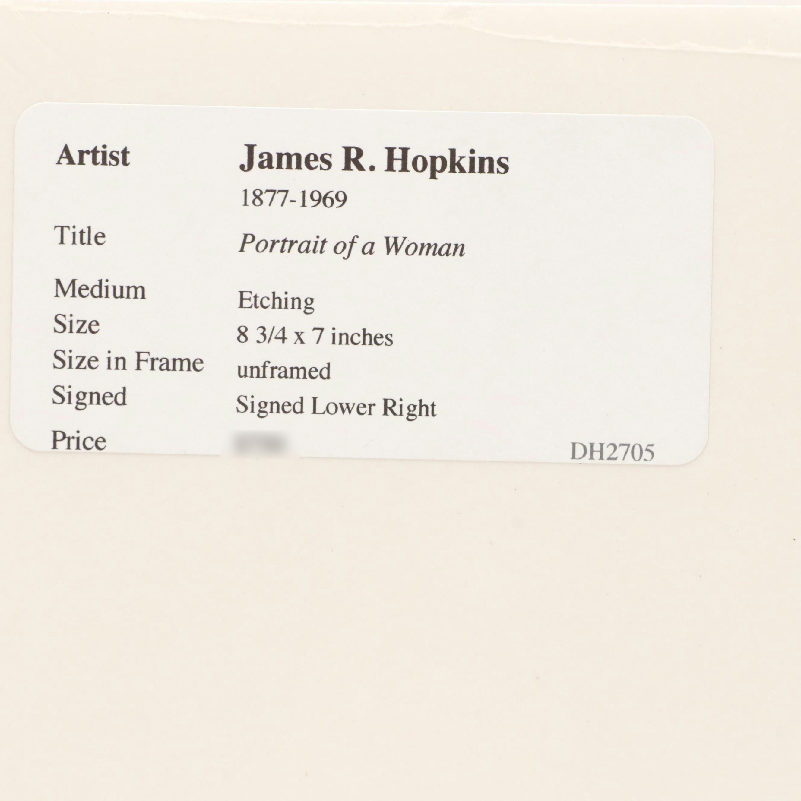 James R. Hopkins Etching "Portrait of a Woman," Mid to Late 20th Century