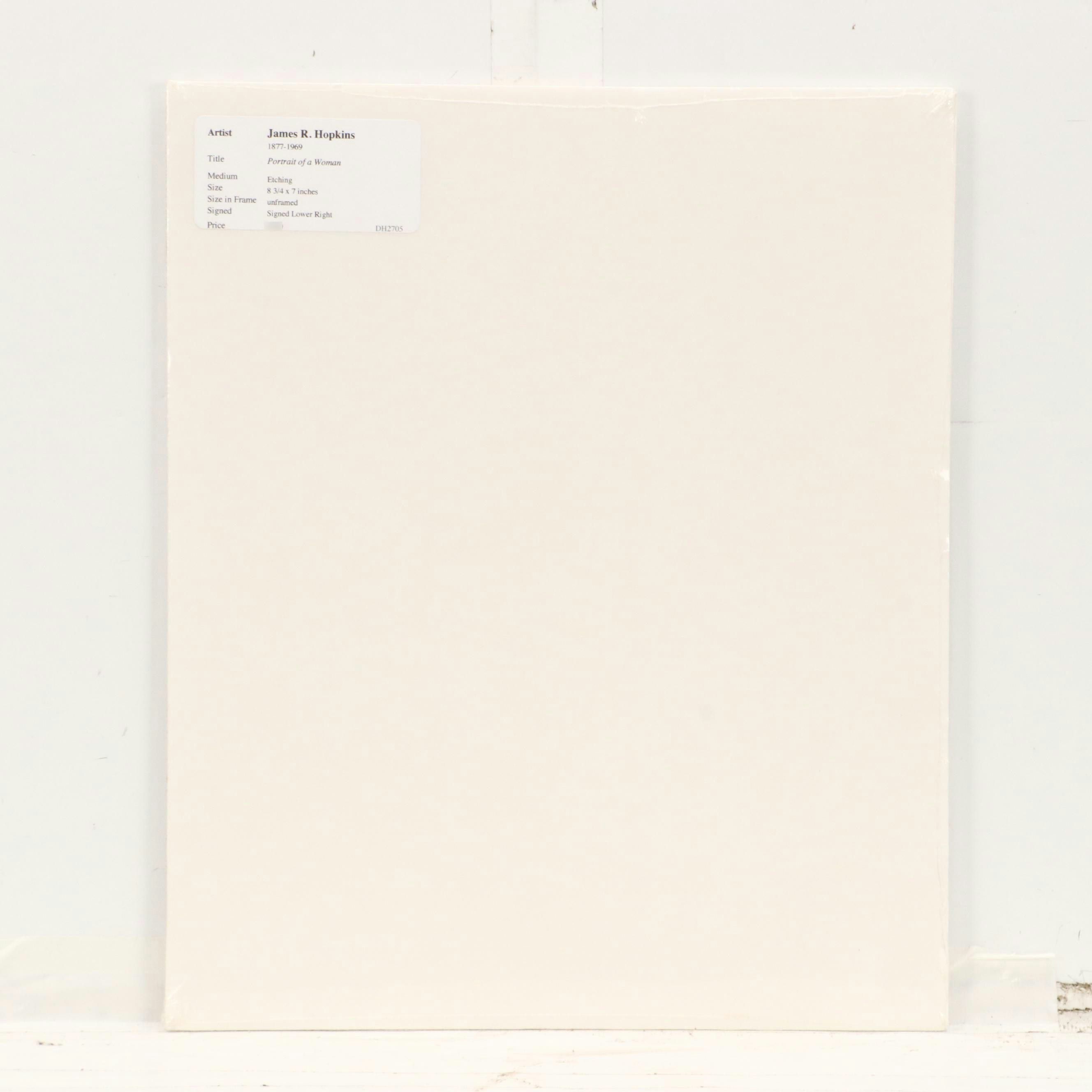 James R. Hopkins Etching "Portrait of a Woman," Mid to Late 20th Century