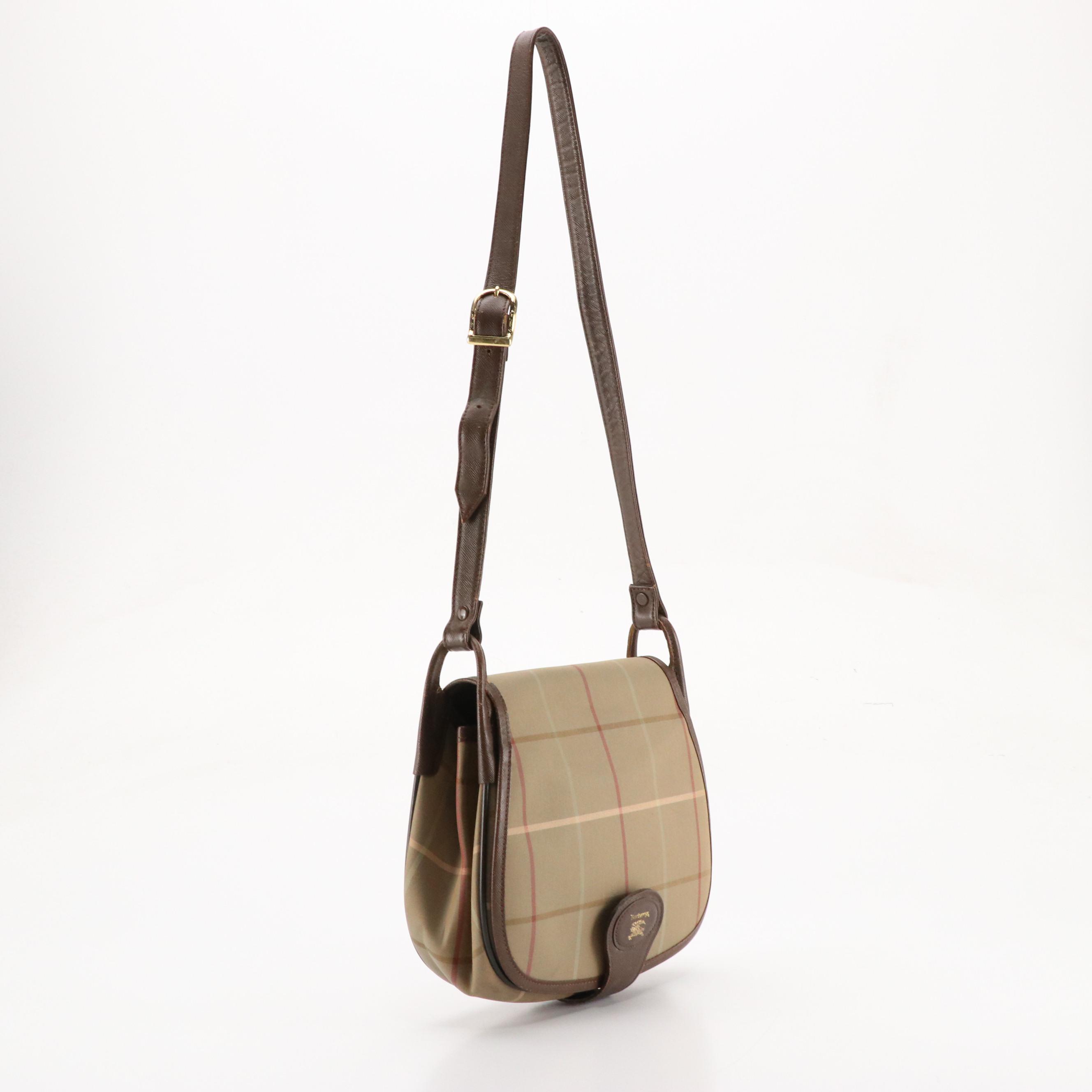 Burberrys Saddle Bag in Windowpane Check Canvas and Brown Saffiano Leather