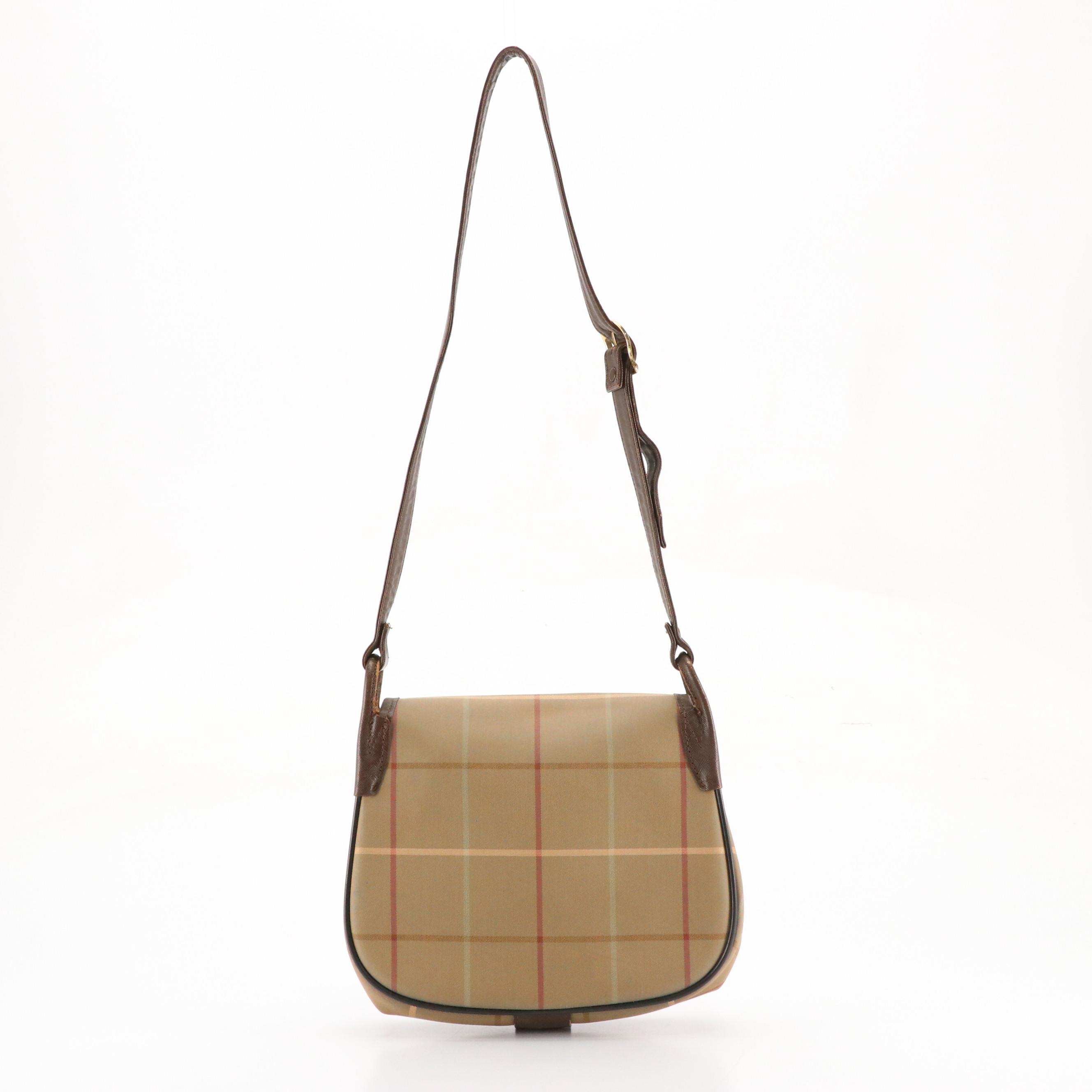 Burberrys Saddle Bag in Windowpane Check Canvas and Brown Saffiano Leather