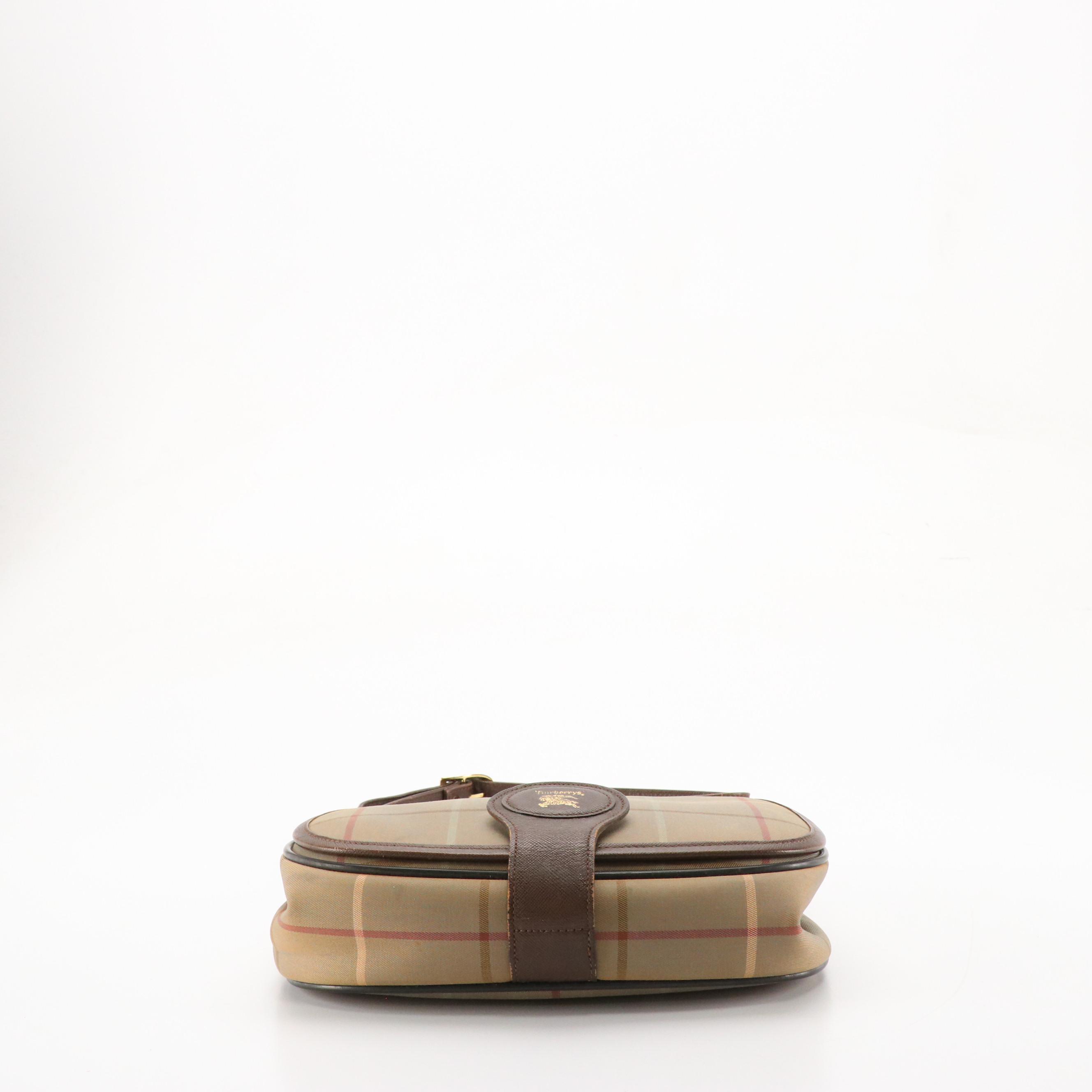 Burberrys Saddle Bag in Windowpane Check Canvas and Brown Saffiano Leather