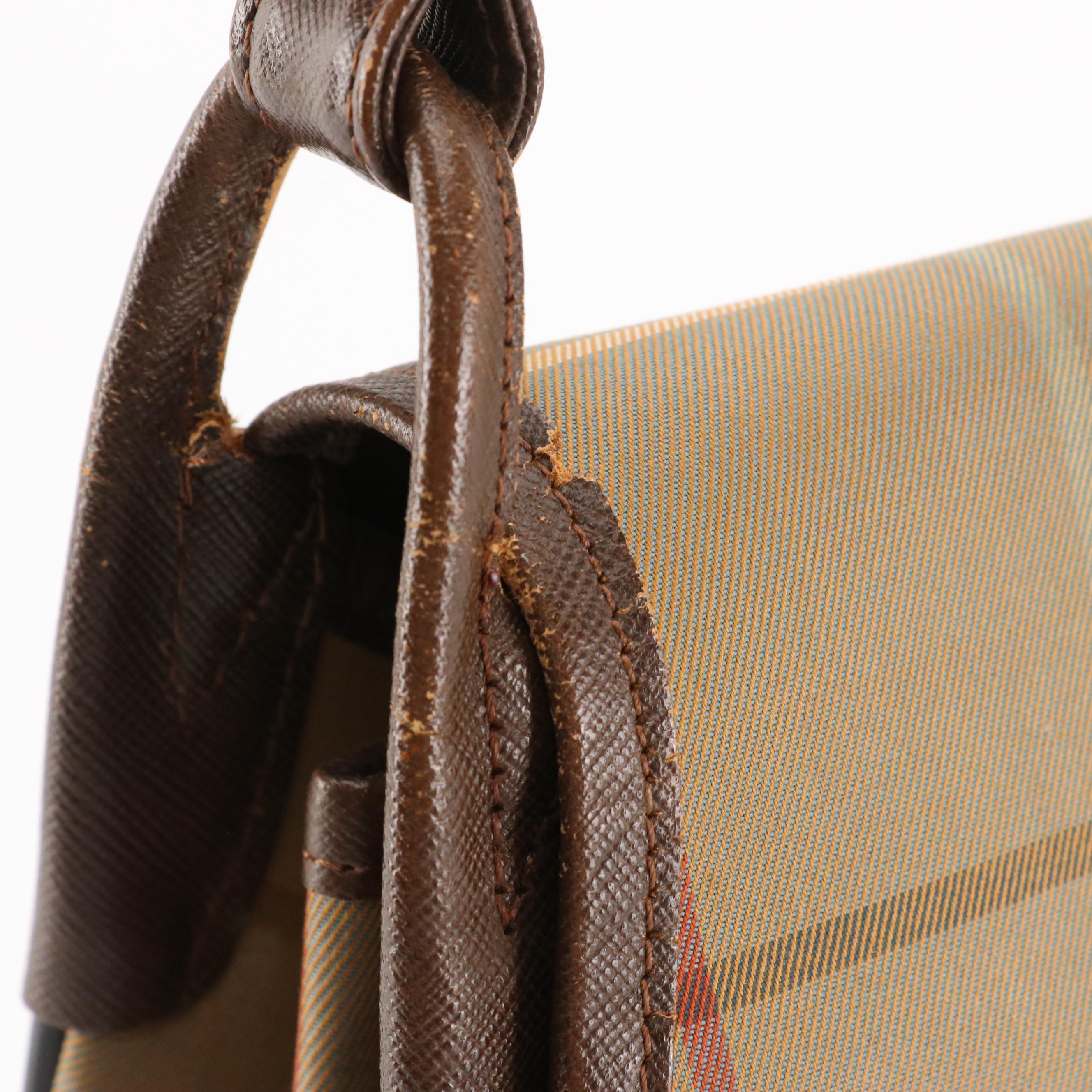 Burberrys Saddle Bag in Windowpane Check Canvas and Brown Saffiano Leather