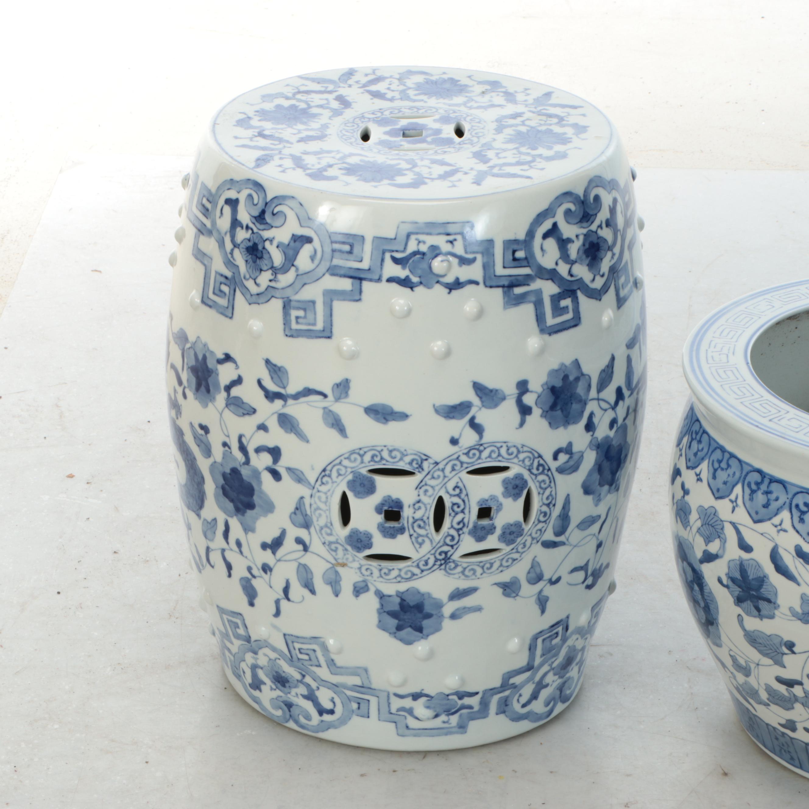 Chinese Blue and White Ceramic Planter and Garden Stool