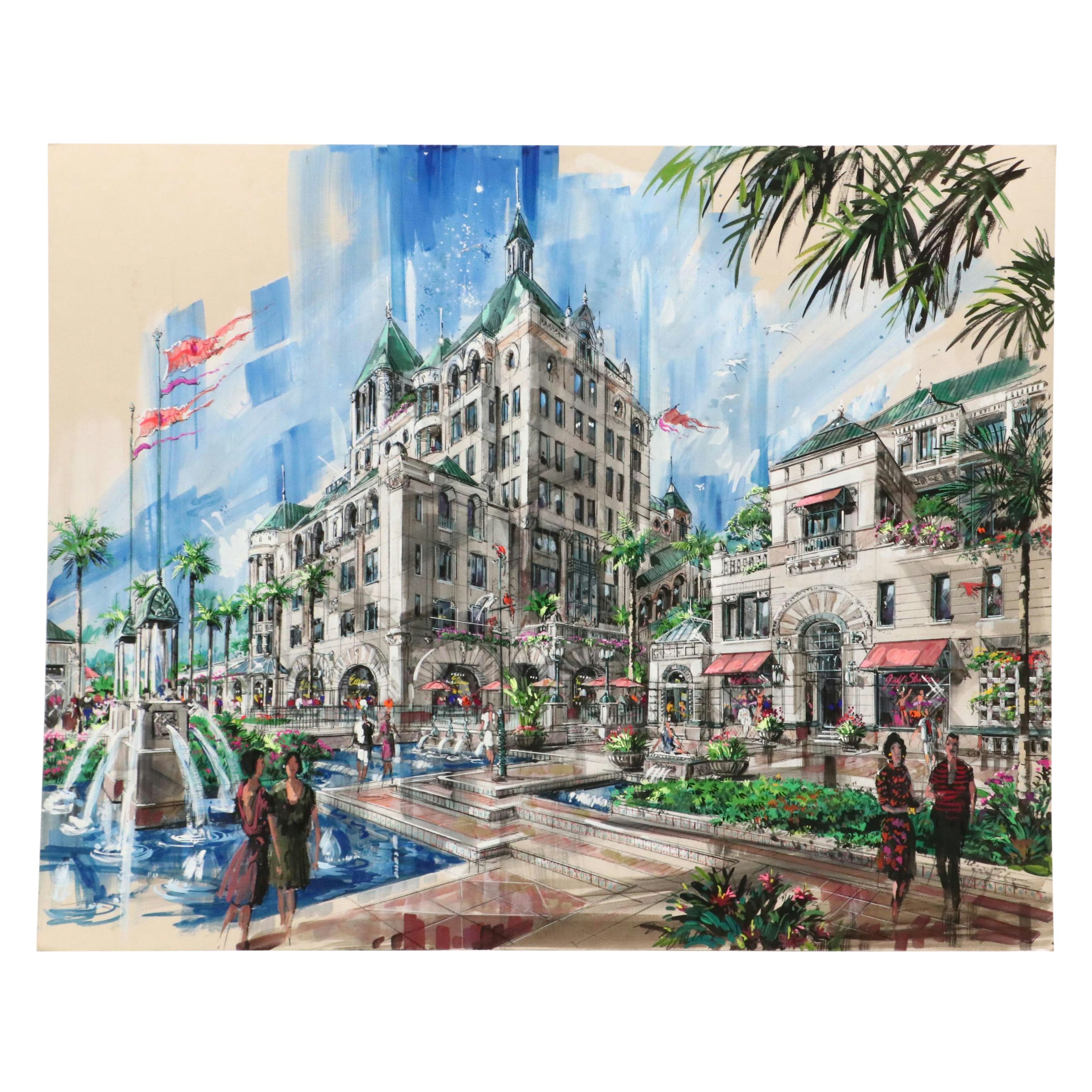 William T. Renick Cityscape Gouache and Charcoal Illustration of Street Scene