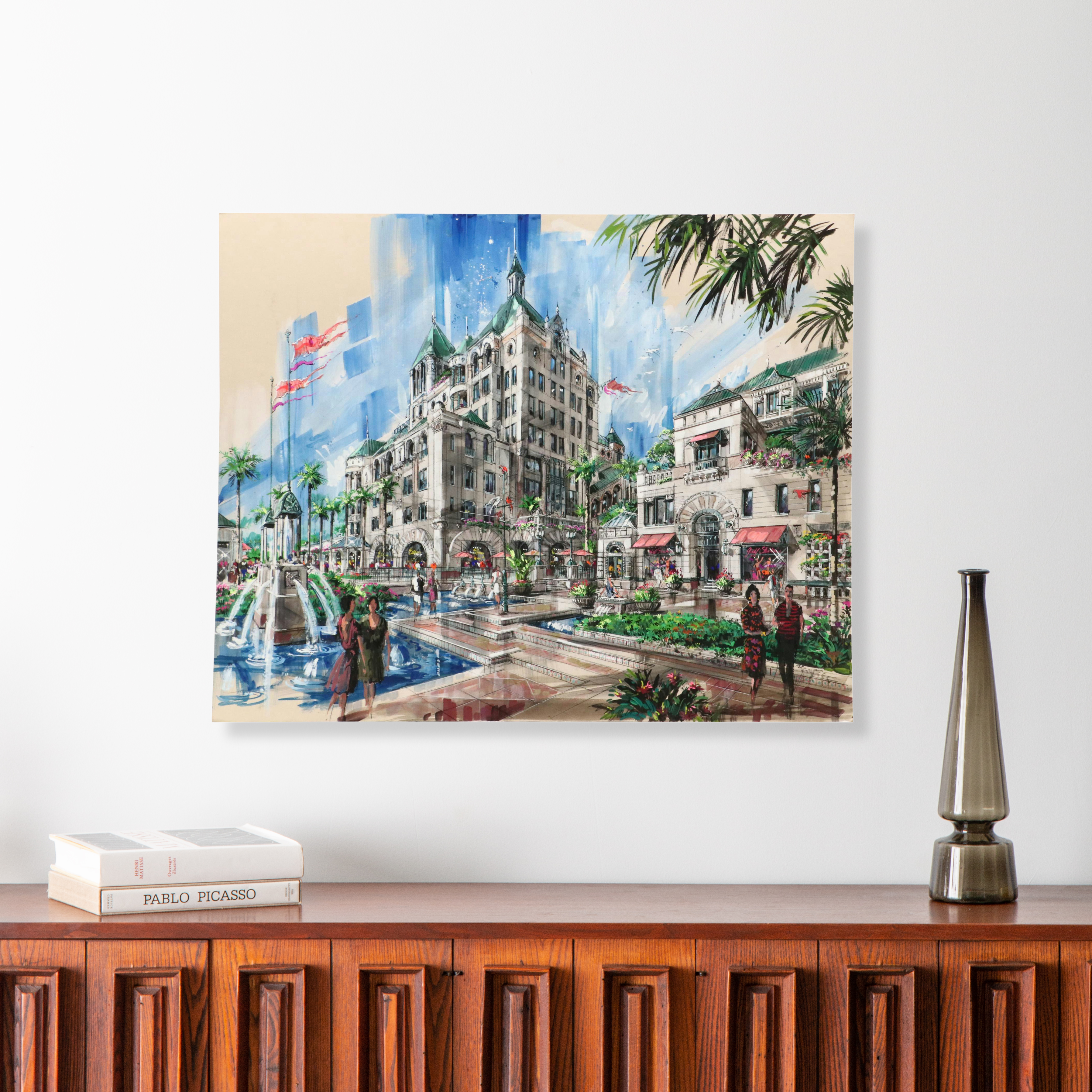 William T. Renick Cityscape Gouache and Charcoal Illustration of Street Scene