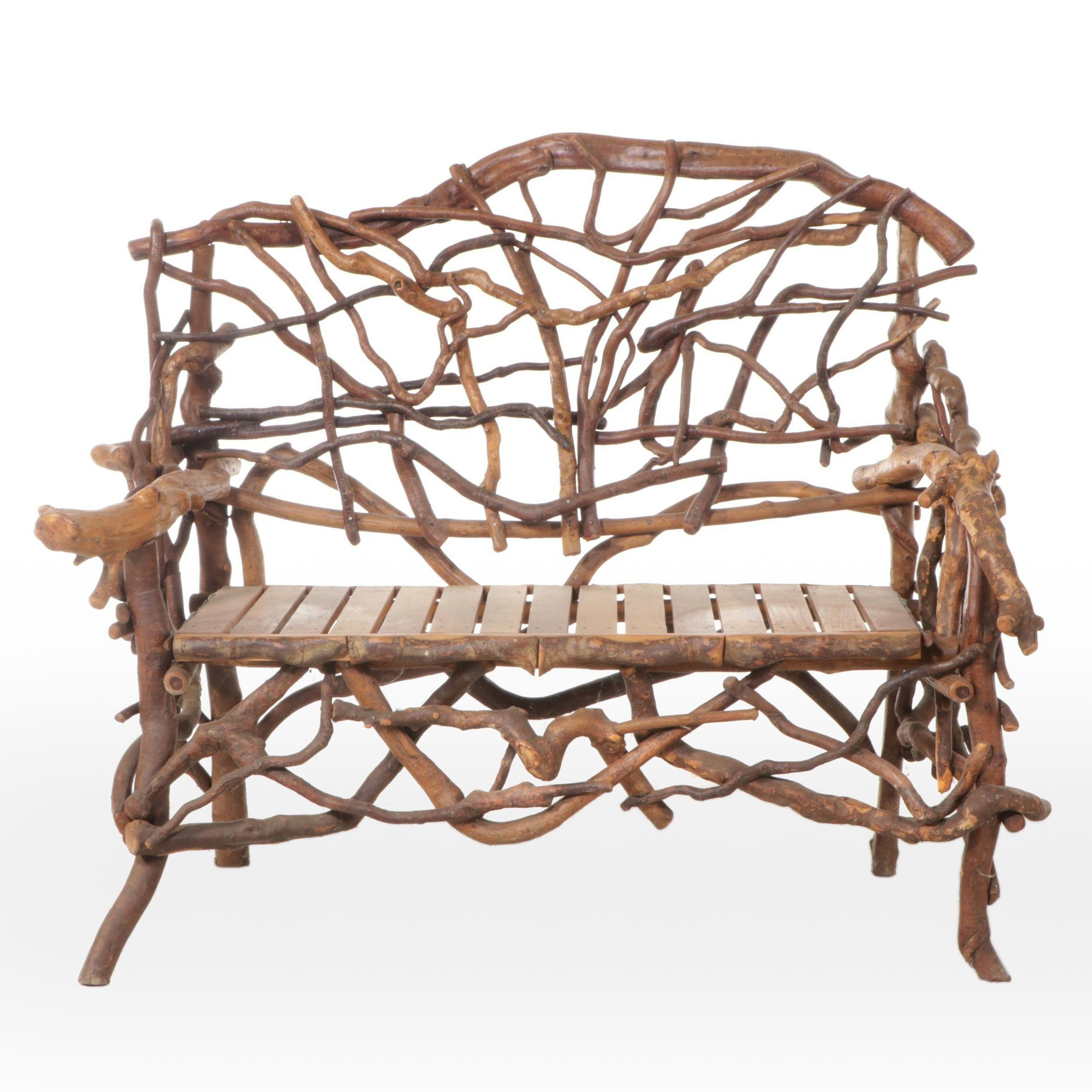 Robert Beaven Adirondack Style Handmade Poplar and Root Wood Settee