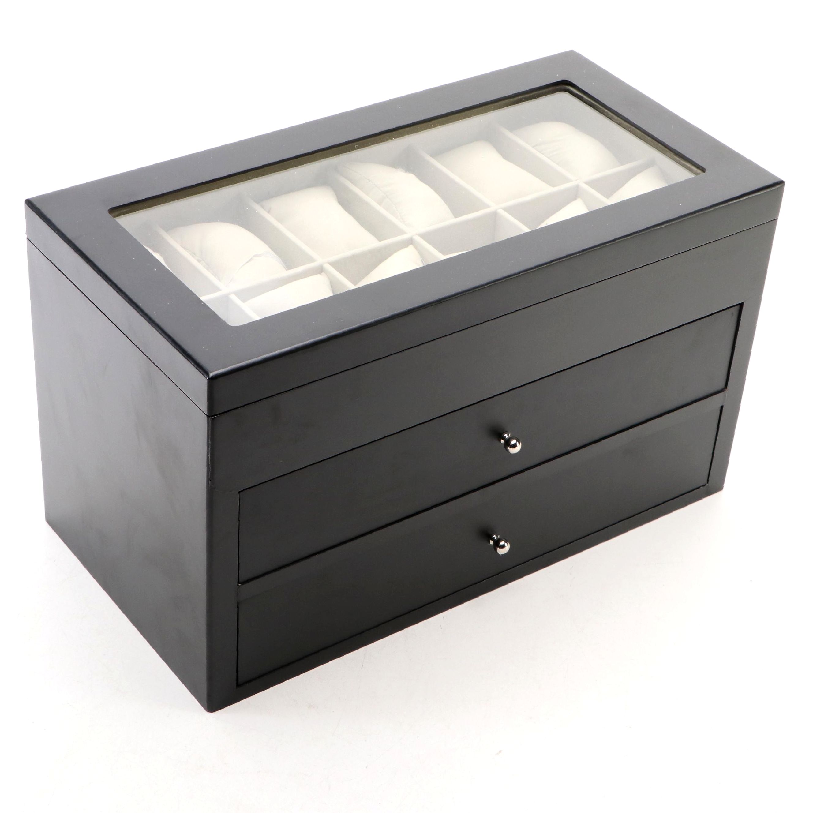 Satin Black 12-Slot Watch Case with Two Drawers