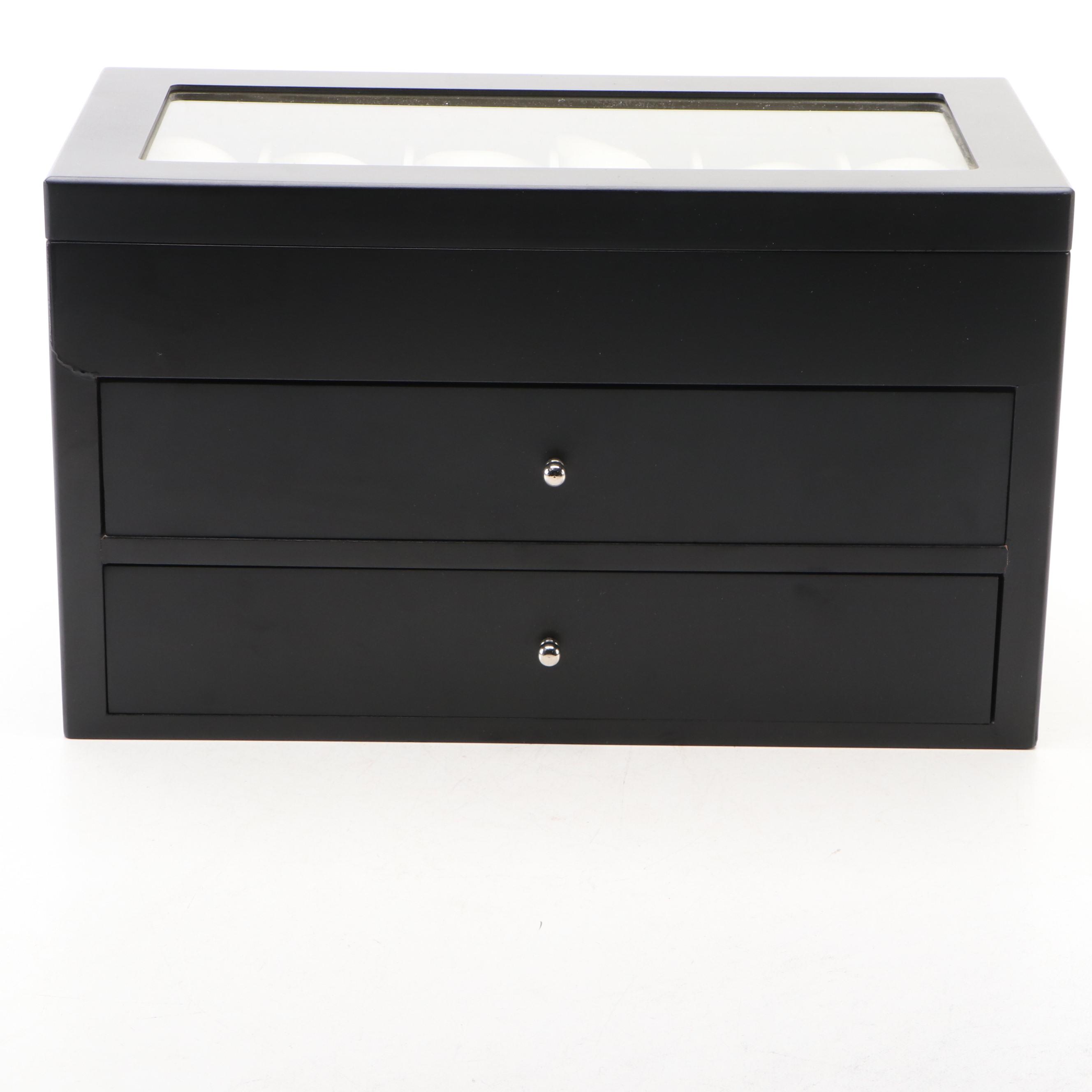 Satin Black 12-Slot Watch Case with Two Drawers