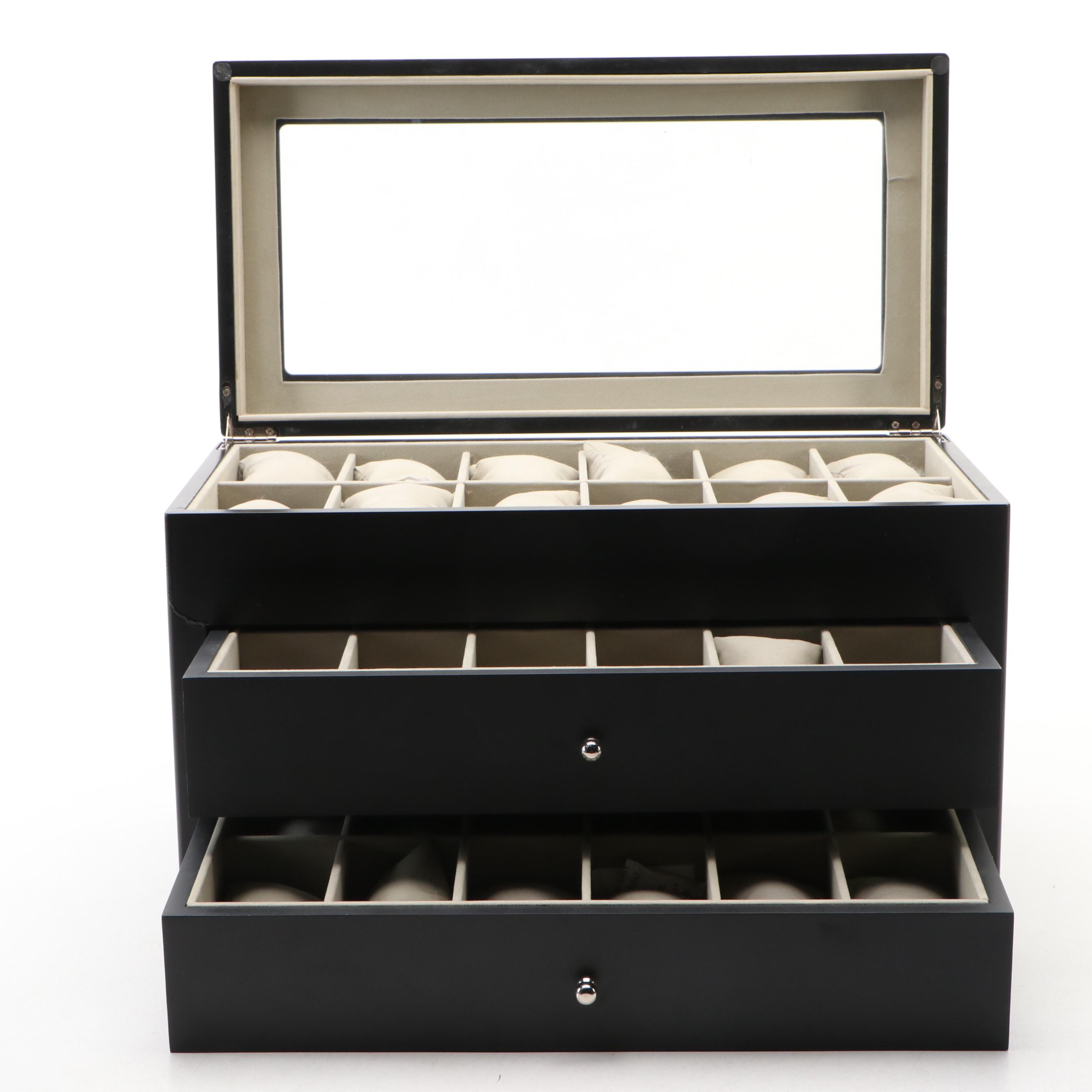 Satin Black 12-Slot Watch Case with Two Drawers