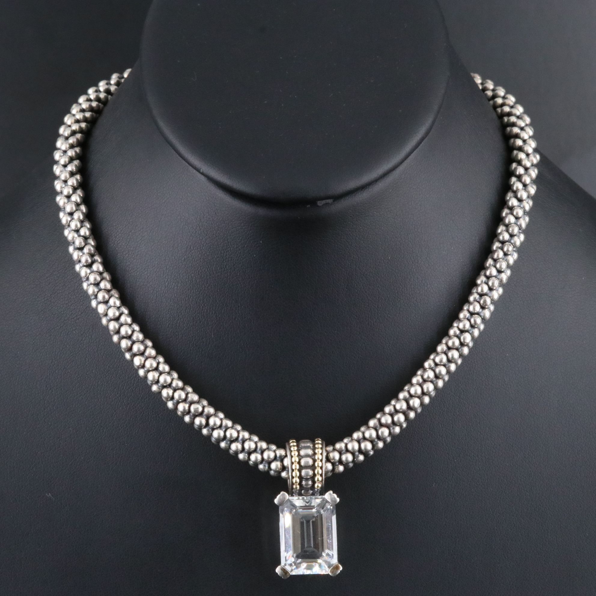 Caviar Sterling Collar Necklace with White Topaz Enhancer