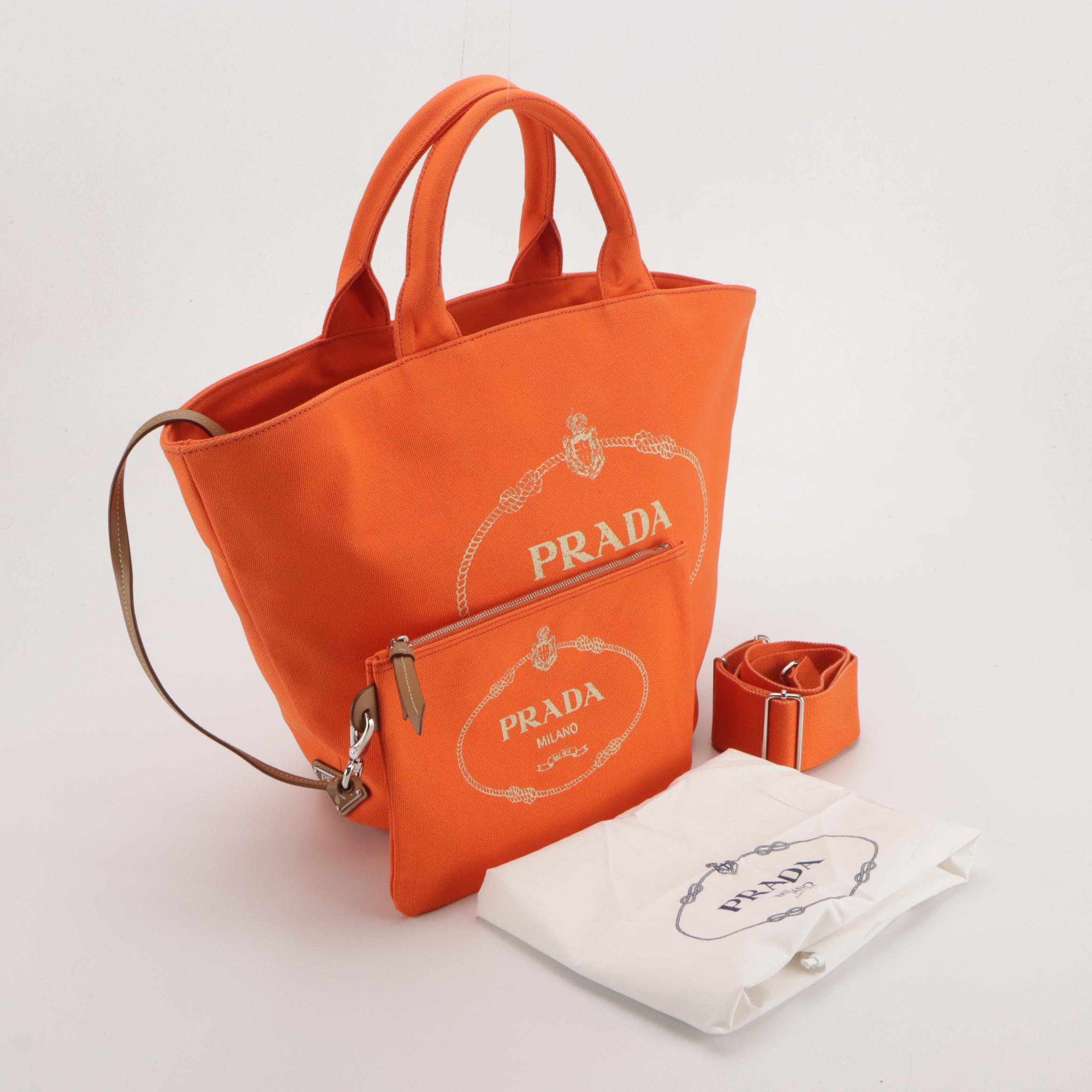 Prada Canapa Logo Two-Way Bucket Tote and Zip Pouch in Bright Orange Canvas