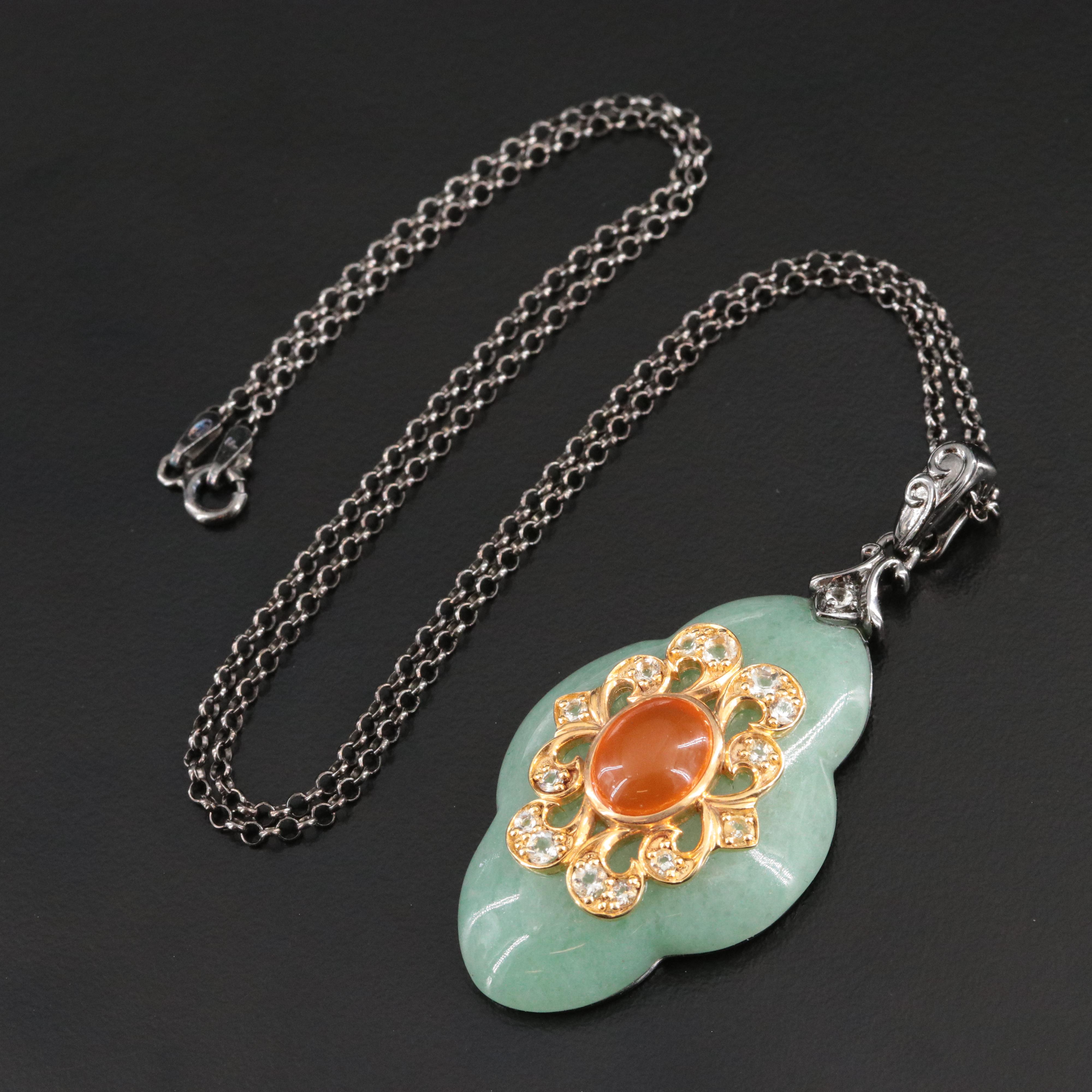 Carlo Viani Sterling Pendant Necklace with Jadeite, Carnelian and White Topaz