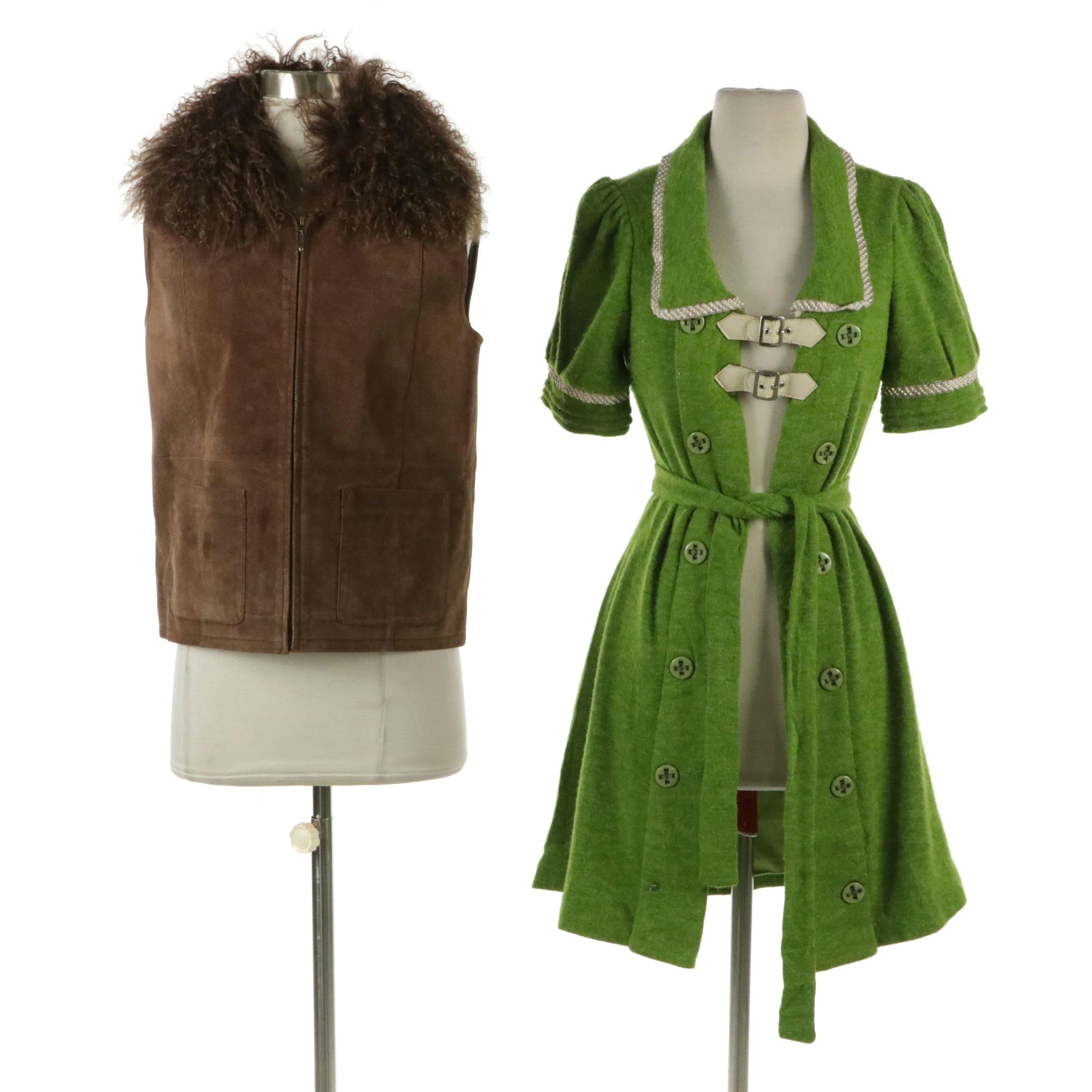 Lisa International Brown Suede Vest with Curly Lamb Fur Trim, Other Knit Sweater