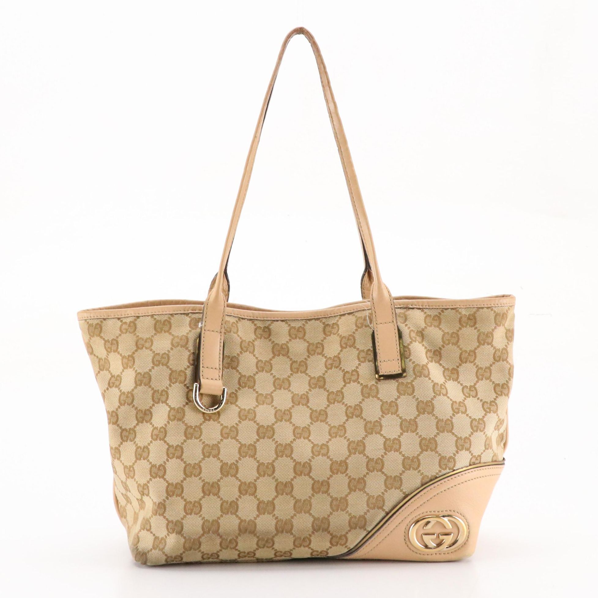 Gucci Britt Tote in GG Canvas and Brown Leather Trim