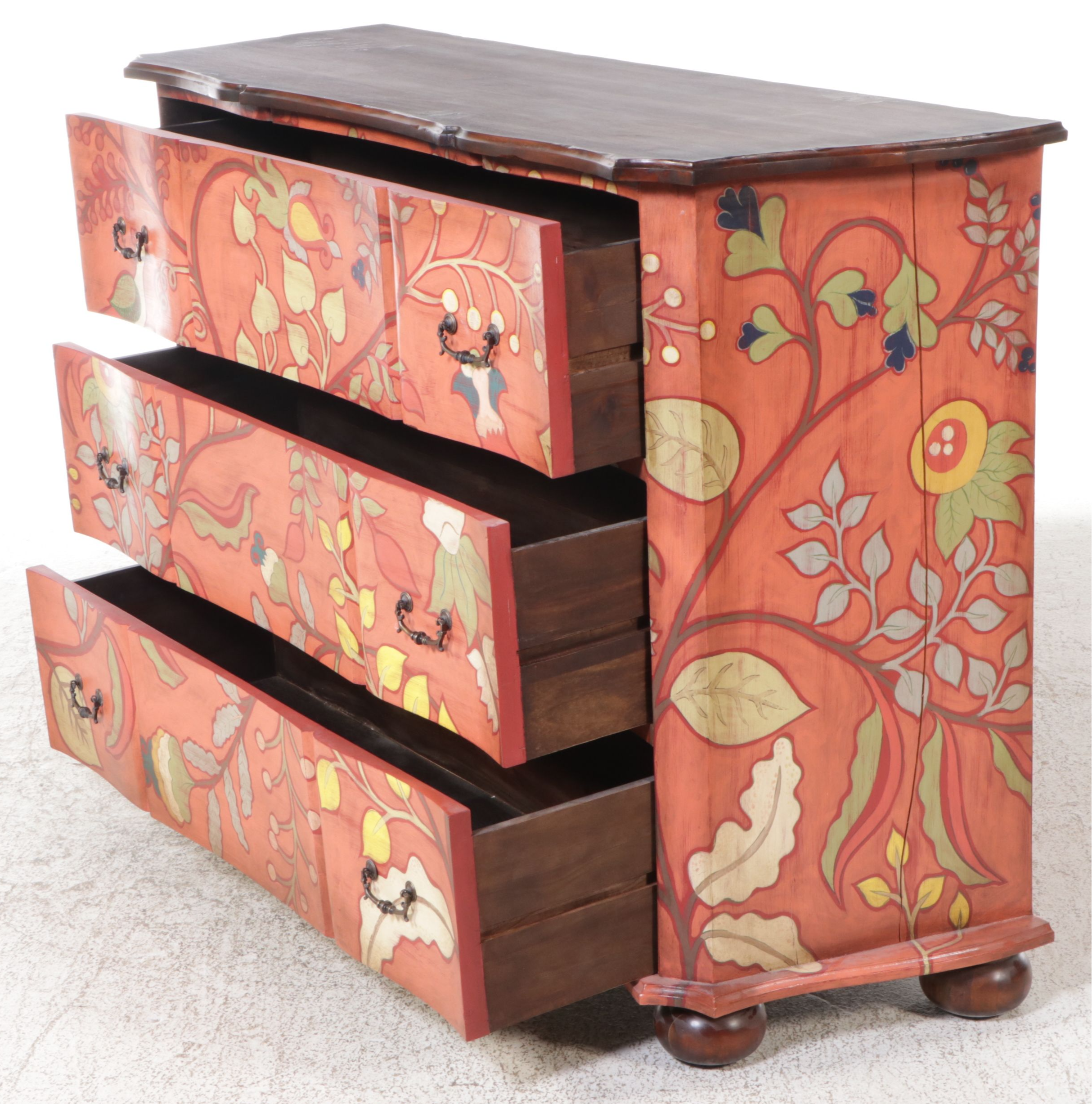 Guild Master Paint-Decorated Wooden Bun Foot Chest of Drawers