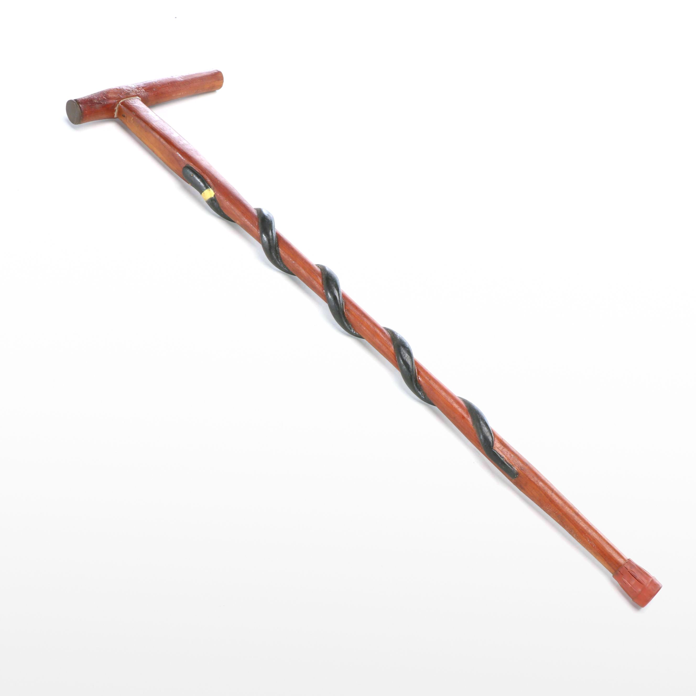 Folk Art Style Hand-Carved Wood Coiled Snake Cane