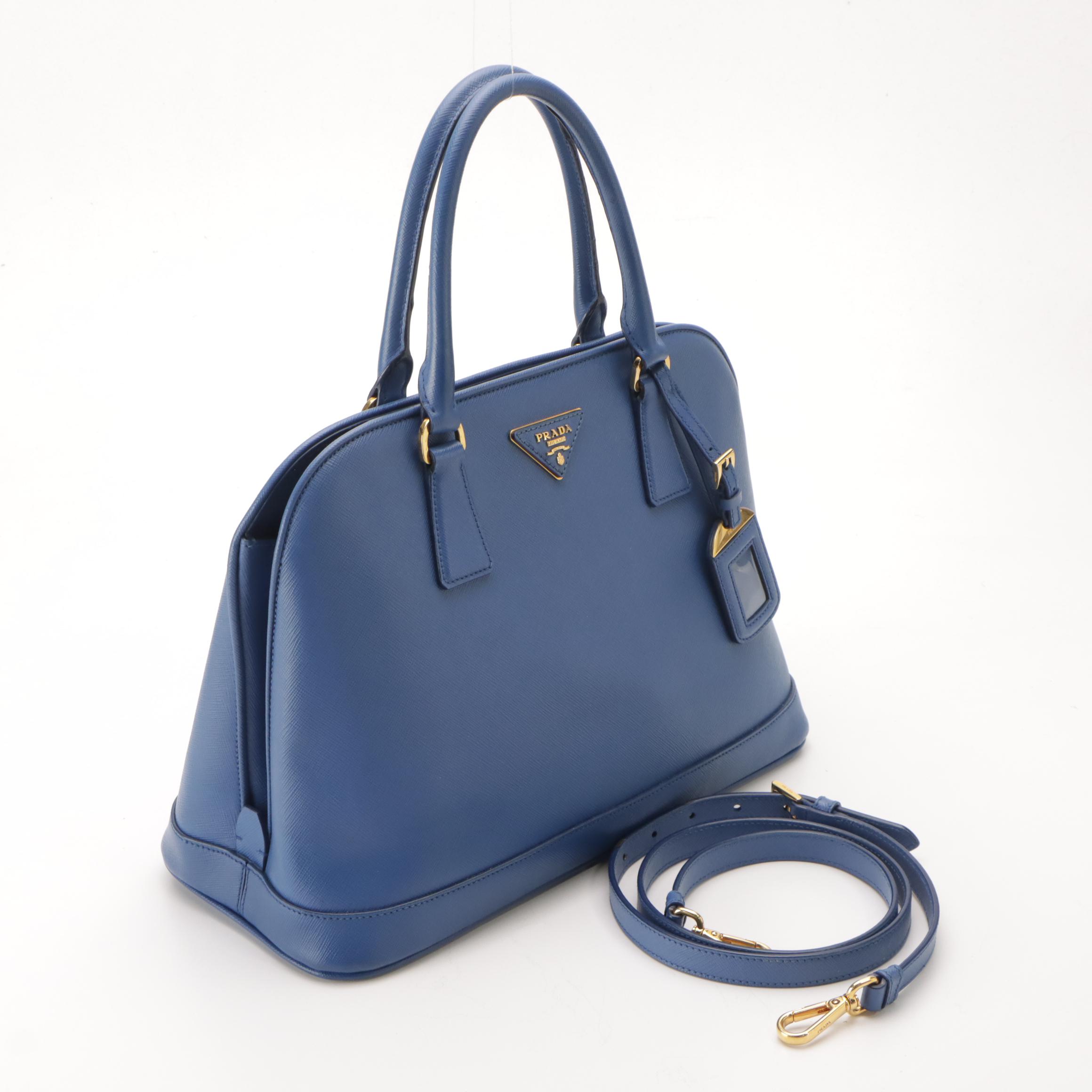 Prada Open Promenade Two-Way Dome Bag in Blue Saffiano Leather