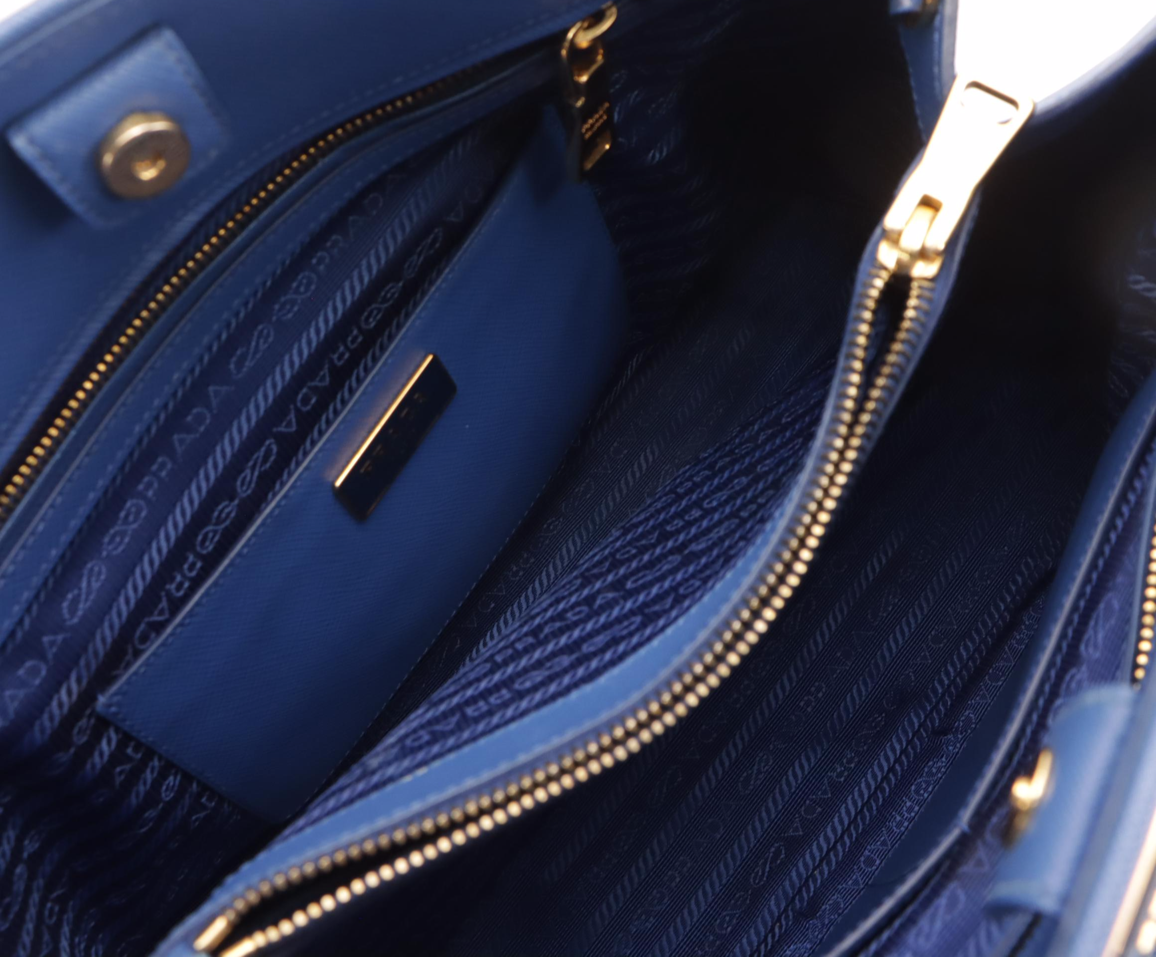 Prada Open Promenade Two-Way Dome Bag in Blue Saffiano Leather