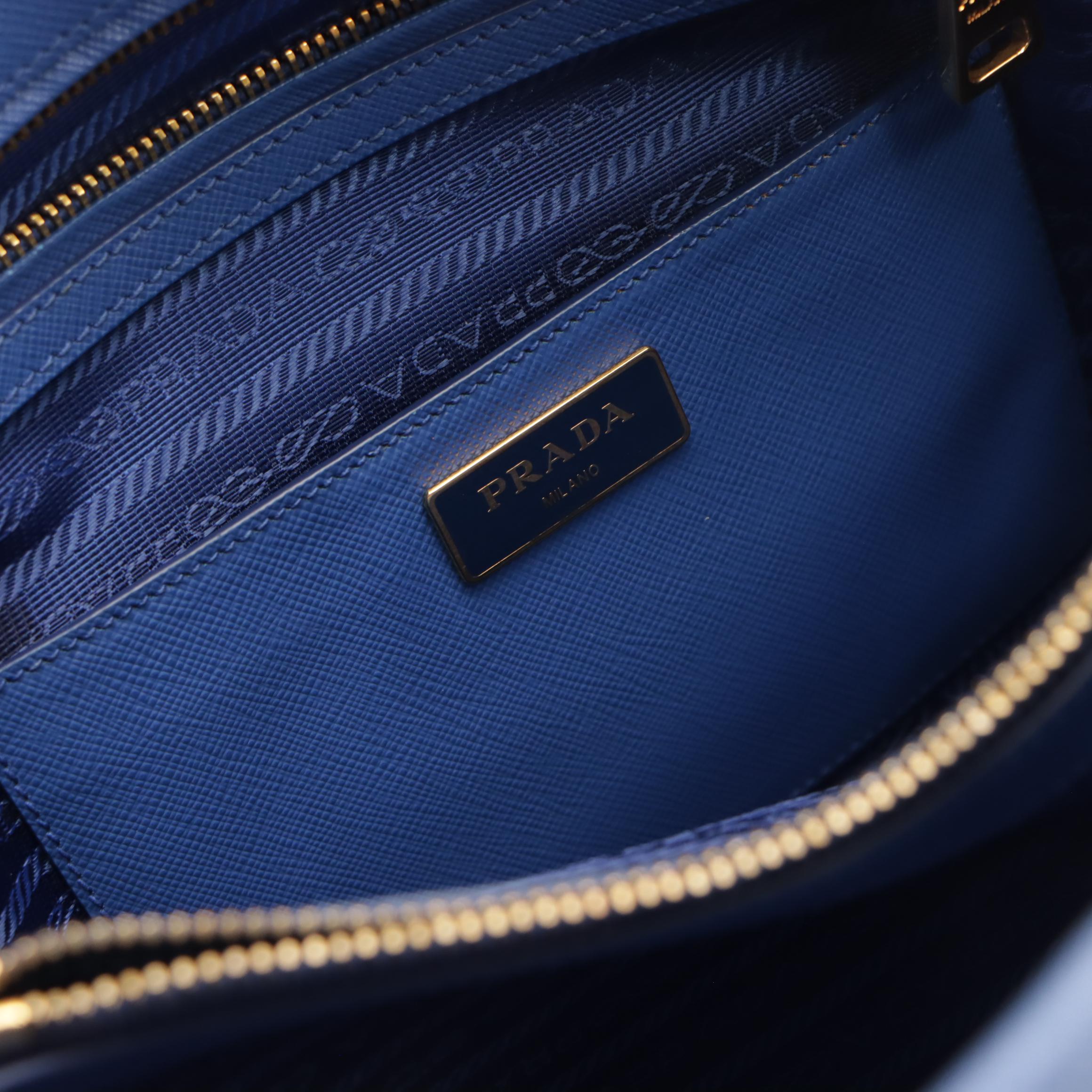 Prada Open Promenade Two-Way Dome Bag in Blue Saffiano Leather