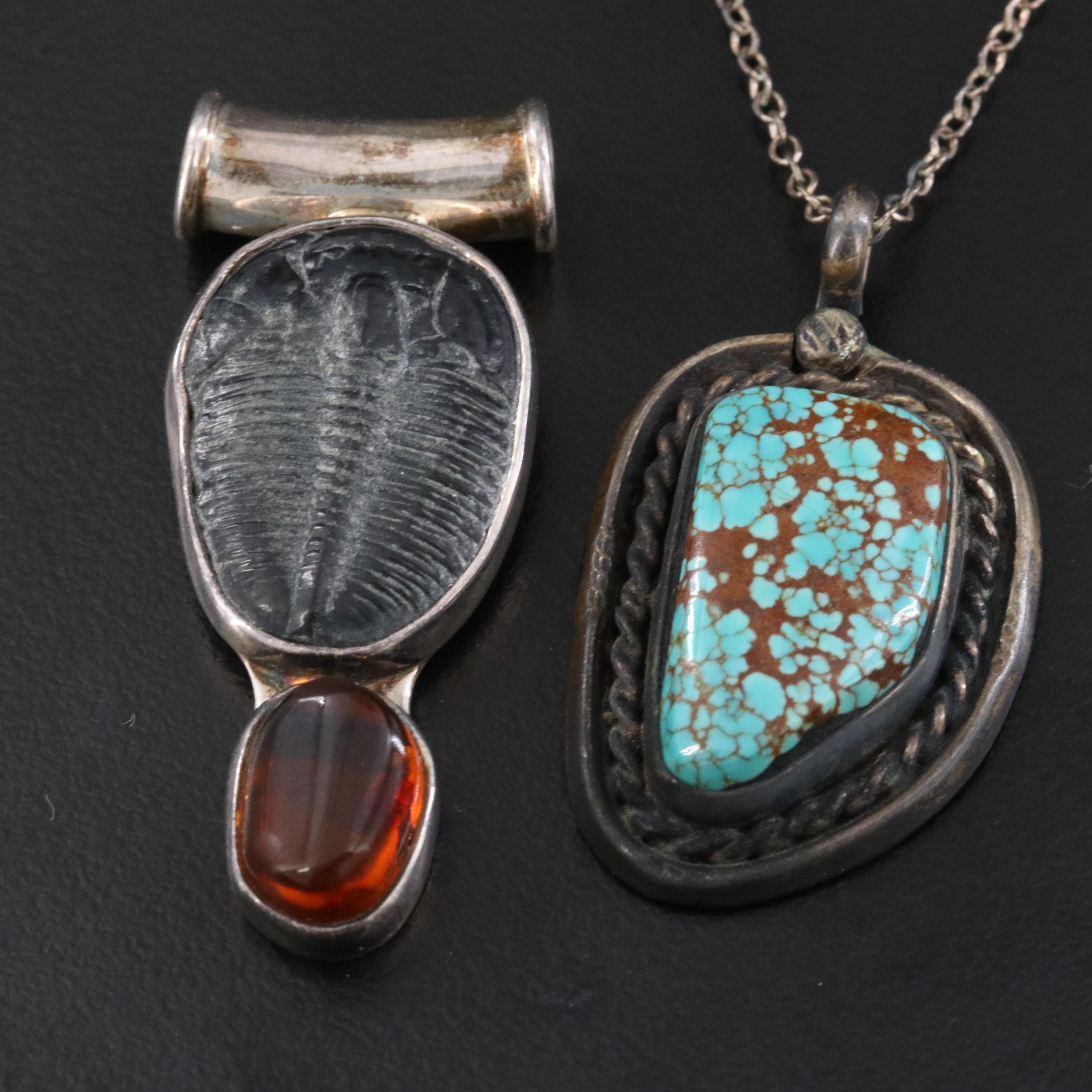 Sterling Turquoise, Trilobite and Amber Pendant and Necklace