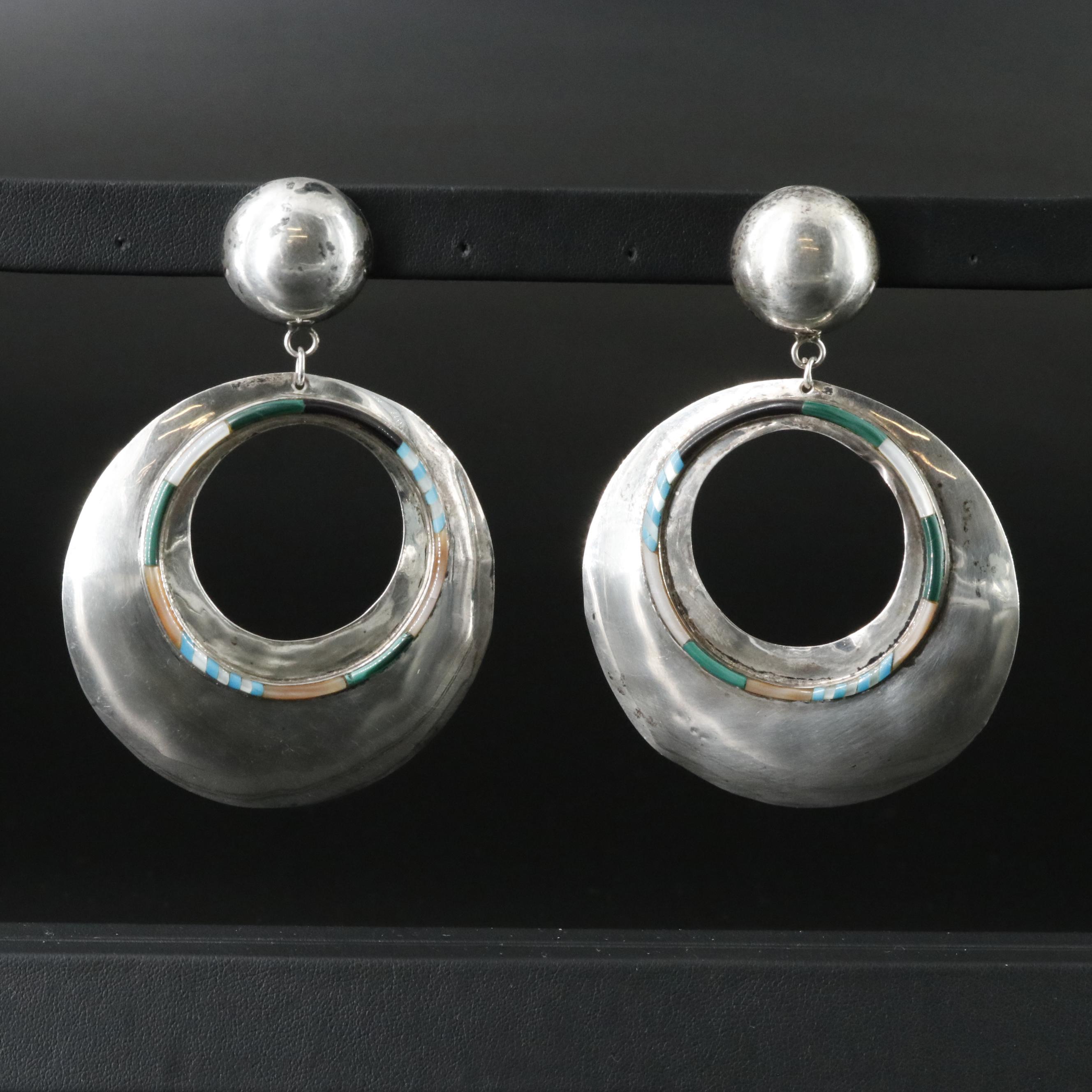 Sterling Malachite, Mother-of-Pearl and Turquoise Inlay Pendant Earrings