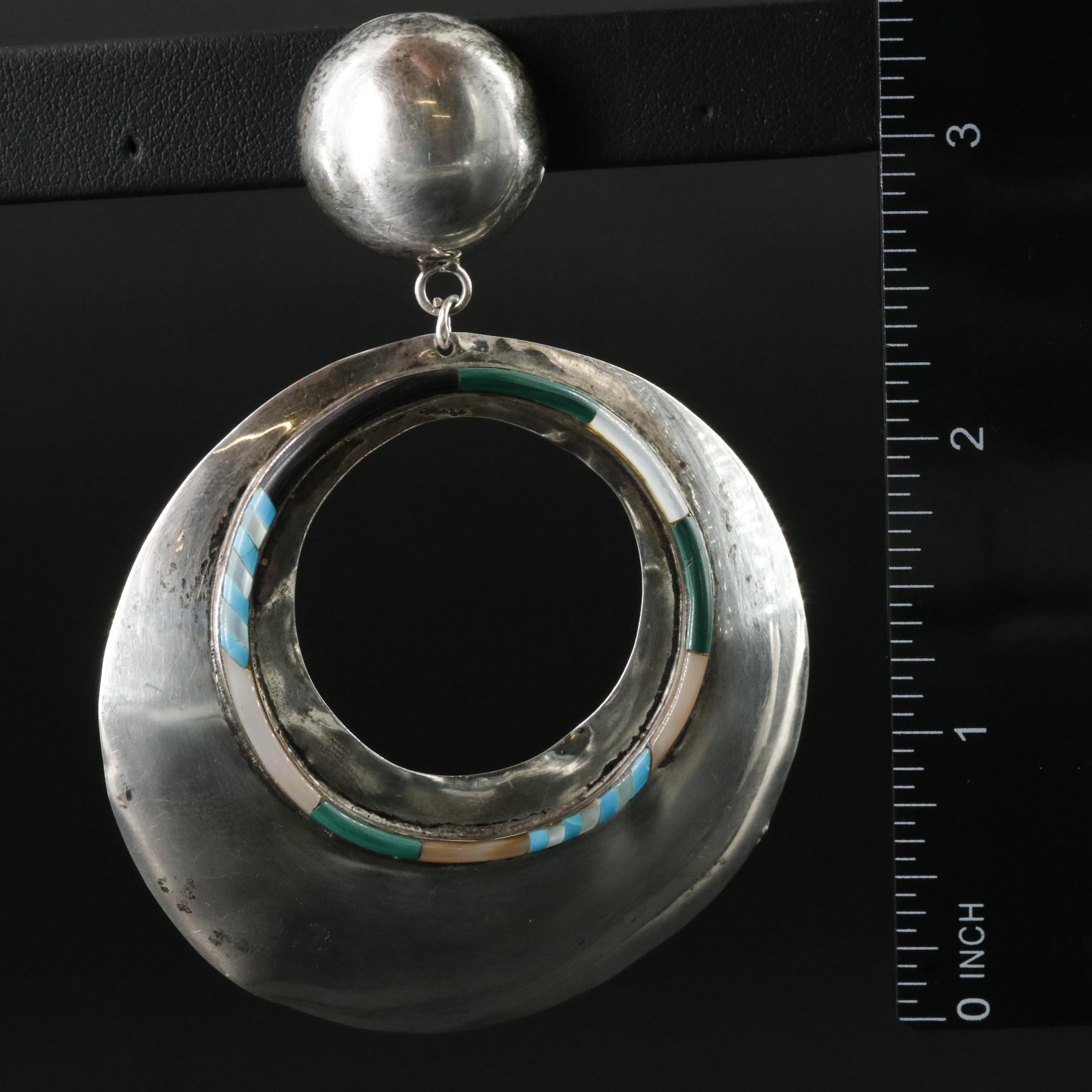 Sterling Malachite, Mother-of-Pearl and Turquoise Inlay Pendant Earrings