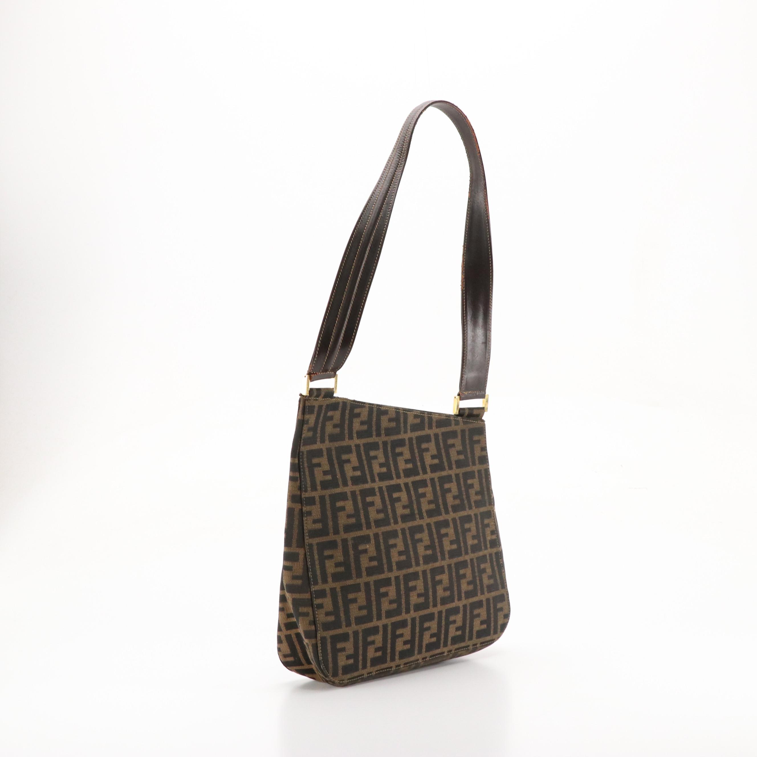 Fendi Asymmetrical Tote in Zucca Canvas and Brown Leather