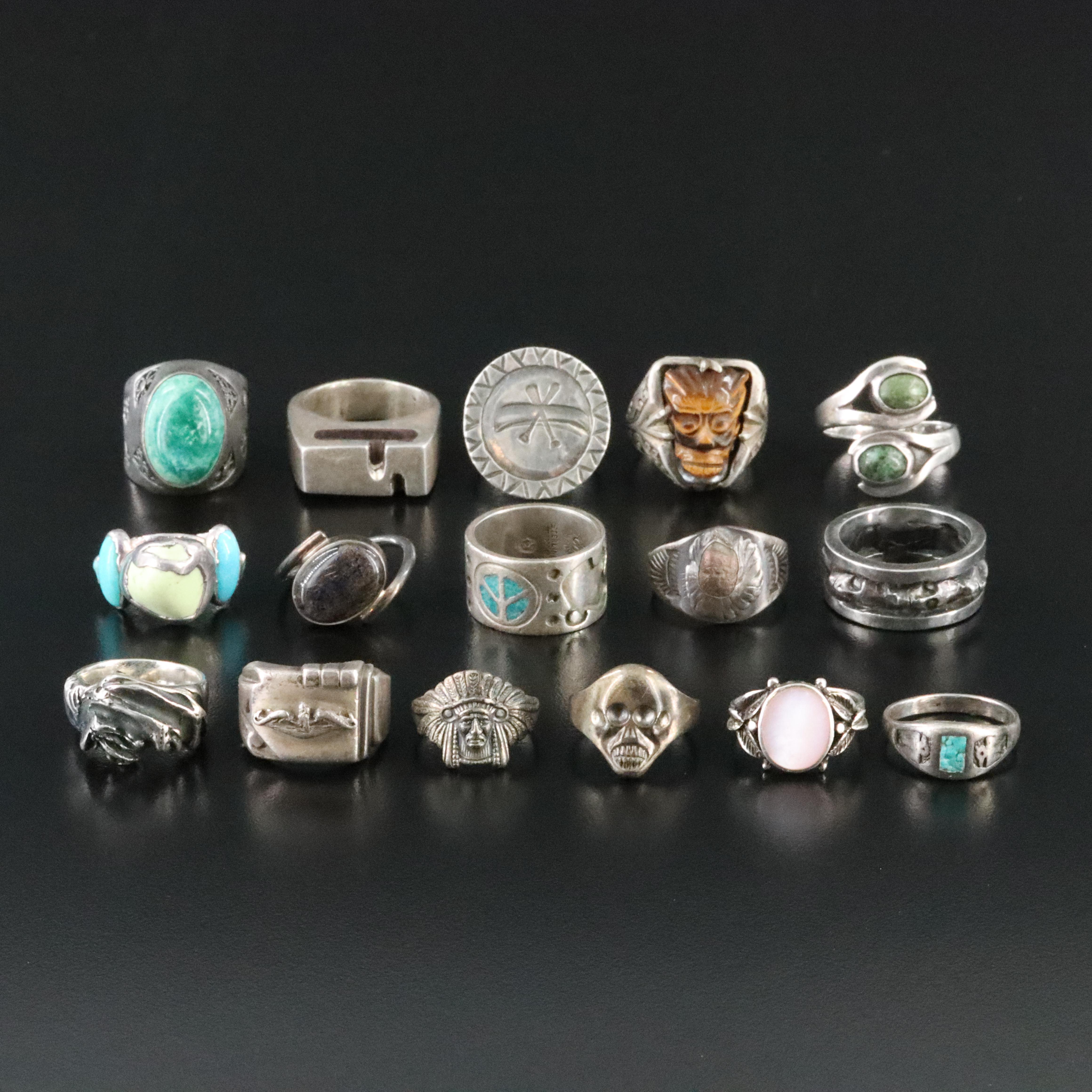 Sterling Rings Including Tiger's Eye, Turquoise, Mexican & Chinese Export