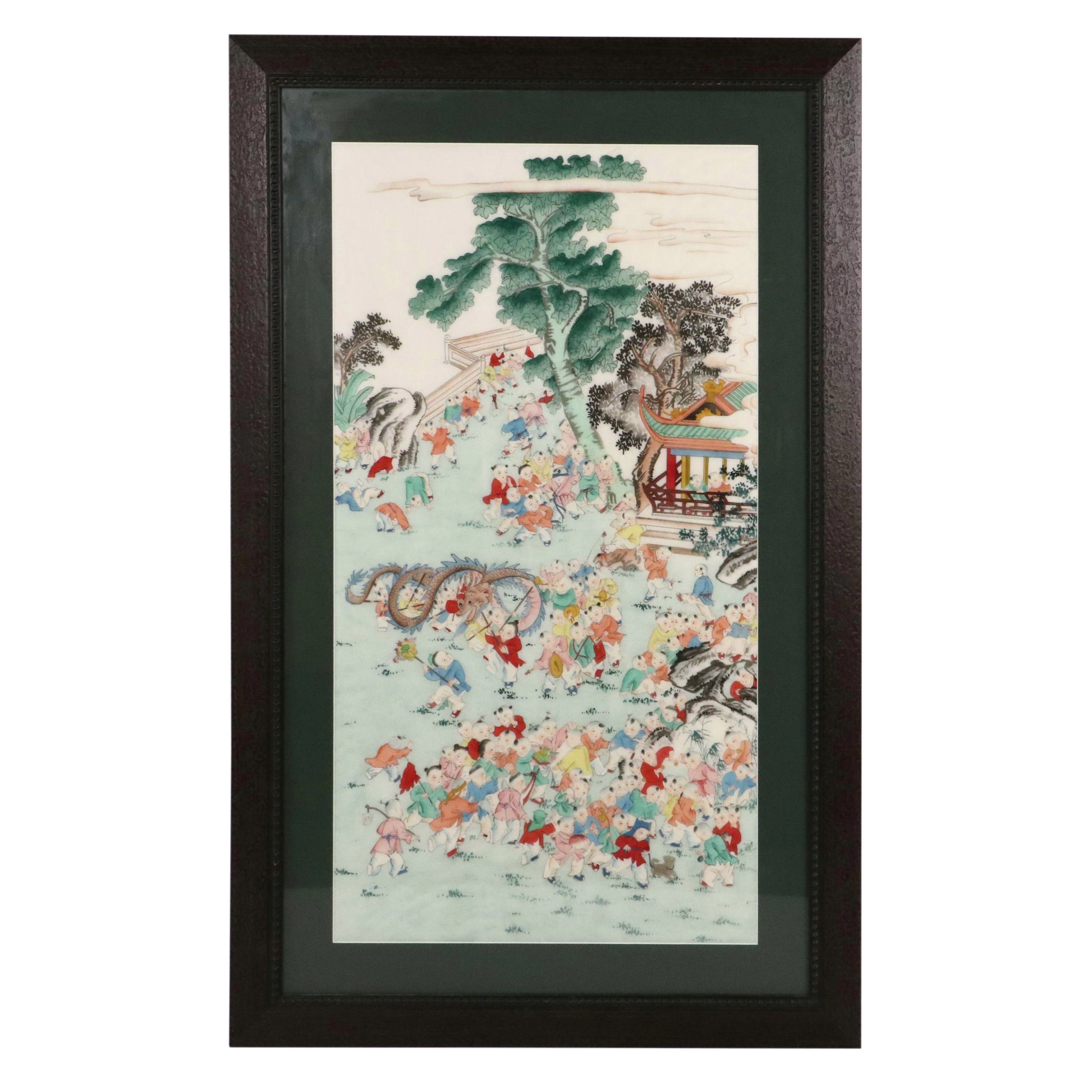 Chinese School Gouache Painting of Many Children Playing