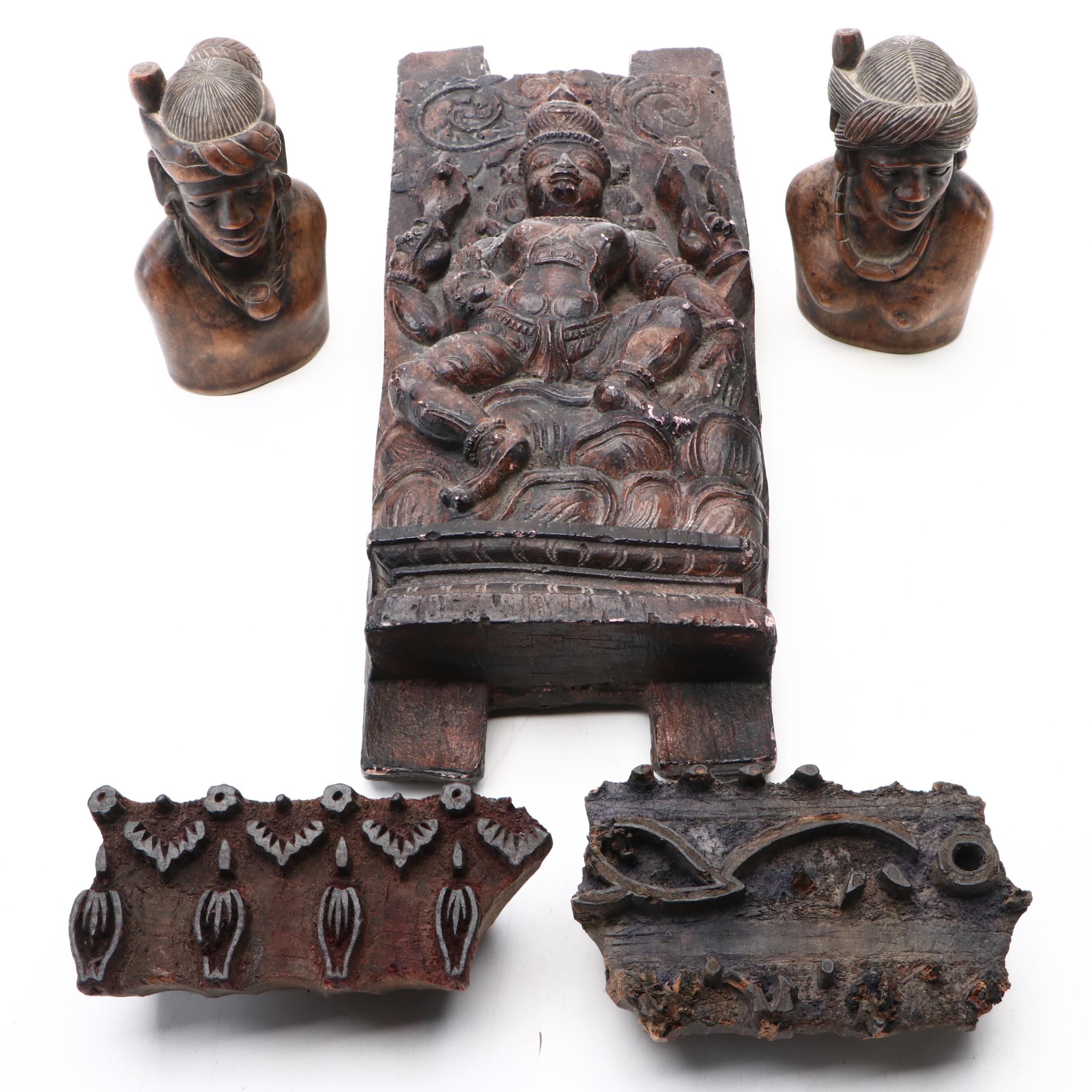 Igorot Busts with Indian Textile Printing Blocks and Carved Panel