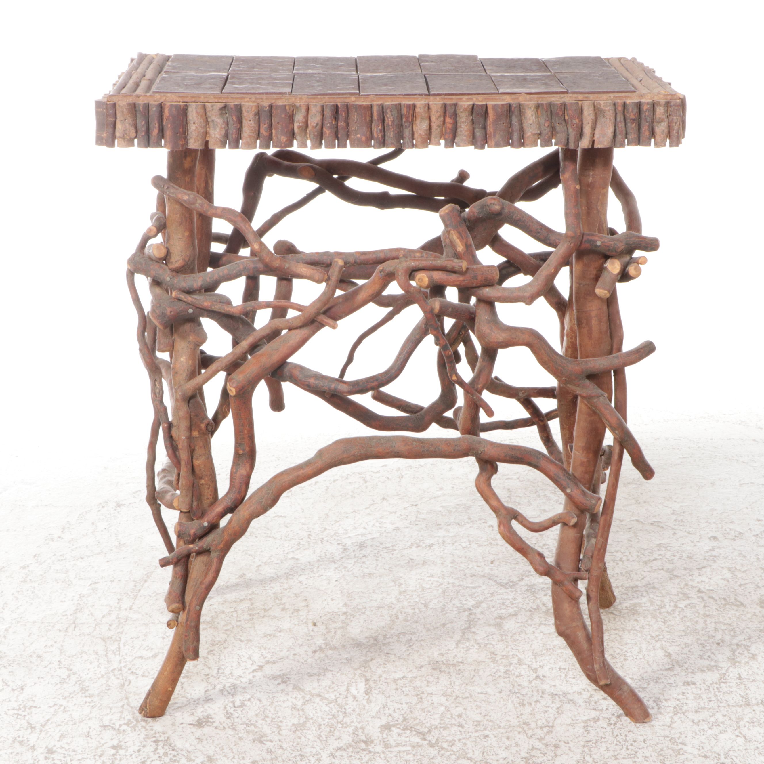 Robert Beaven Adirondack Style Root Wood Console Table with Tile Top