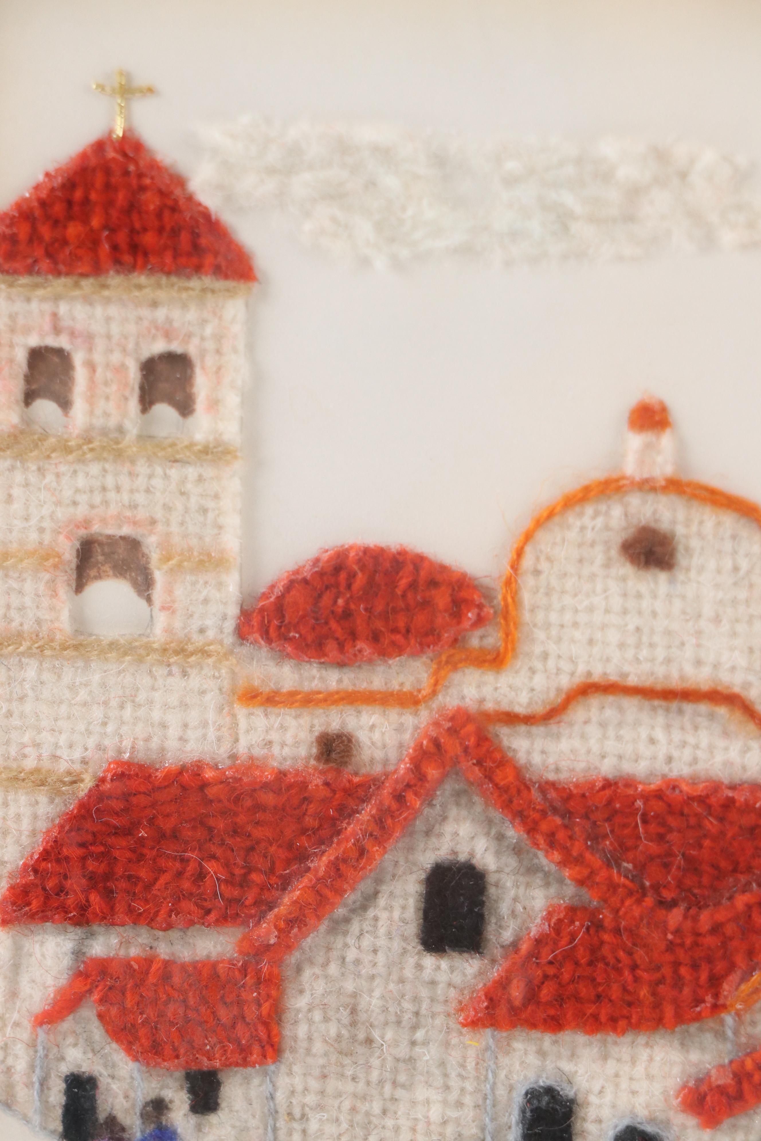 Peruvian Theme Feltwork and Embroidery Panel of Village with Church
