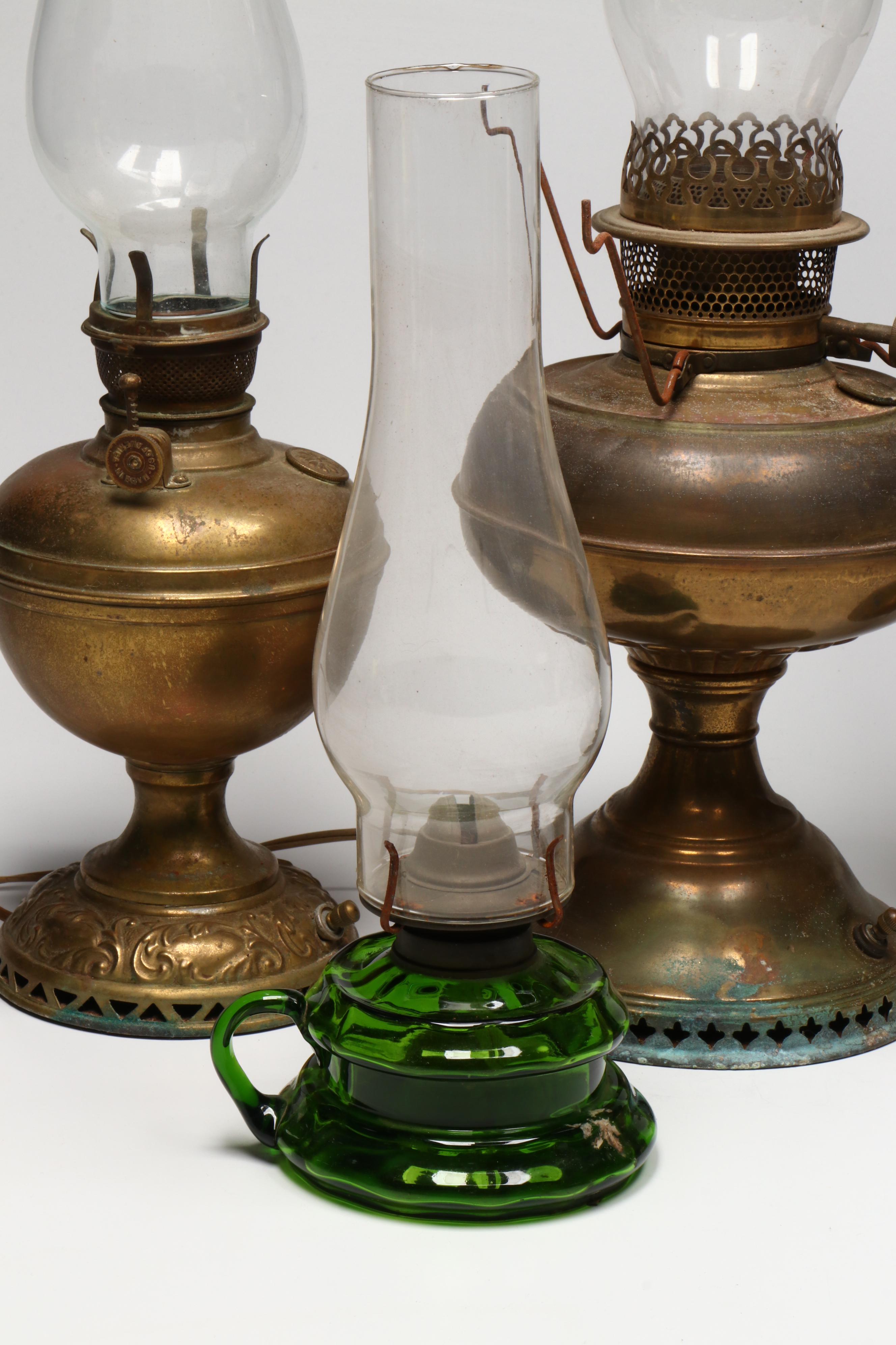 Victorian Style Brass and Glass Oil Lamps, Some Adapted